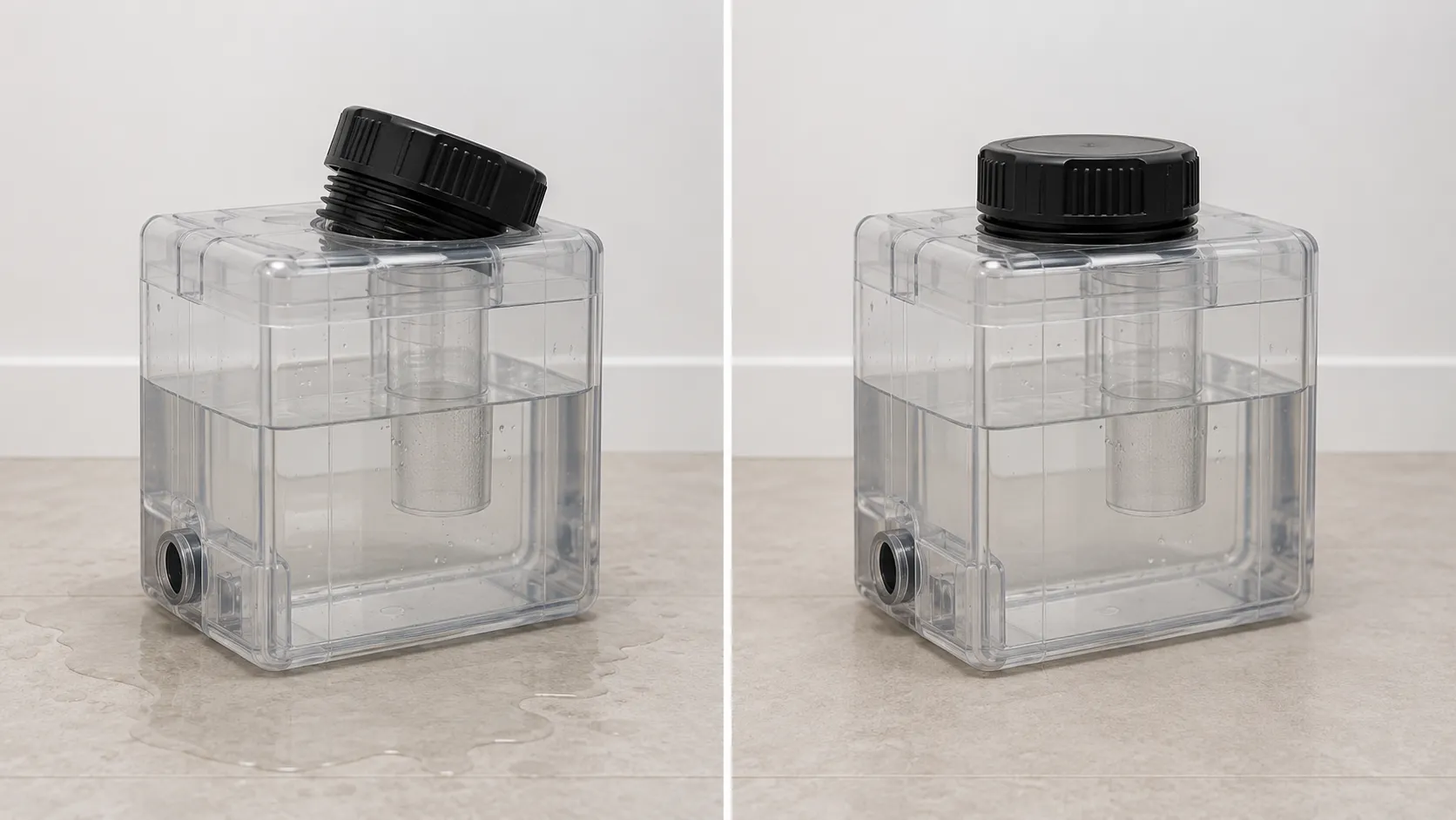 Two-panel comparison of a clear water tank with a cross-threaded black cap causing a small leak and the same cap fitted correctly with the floor remaining dry.