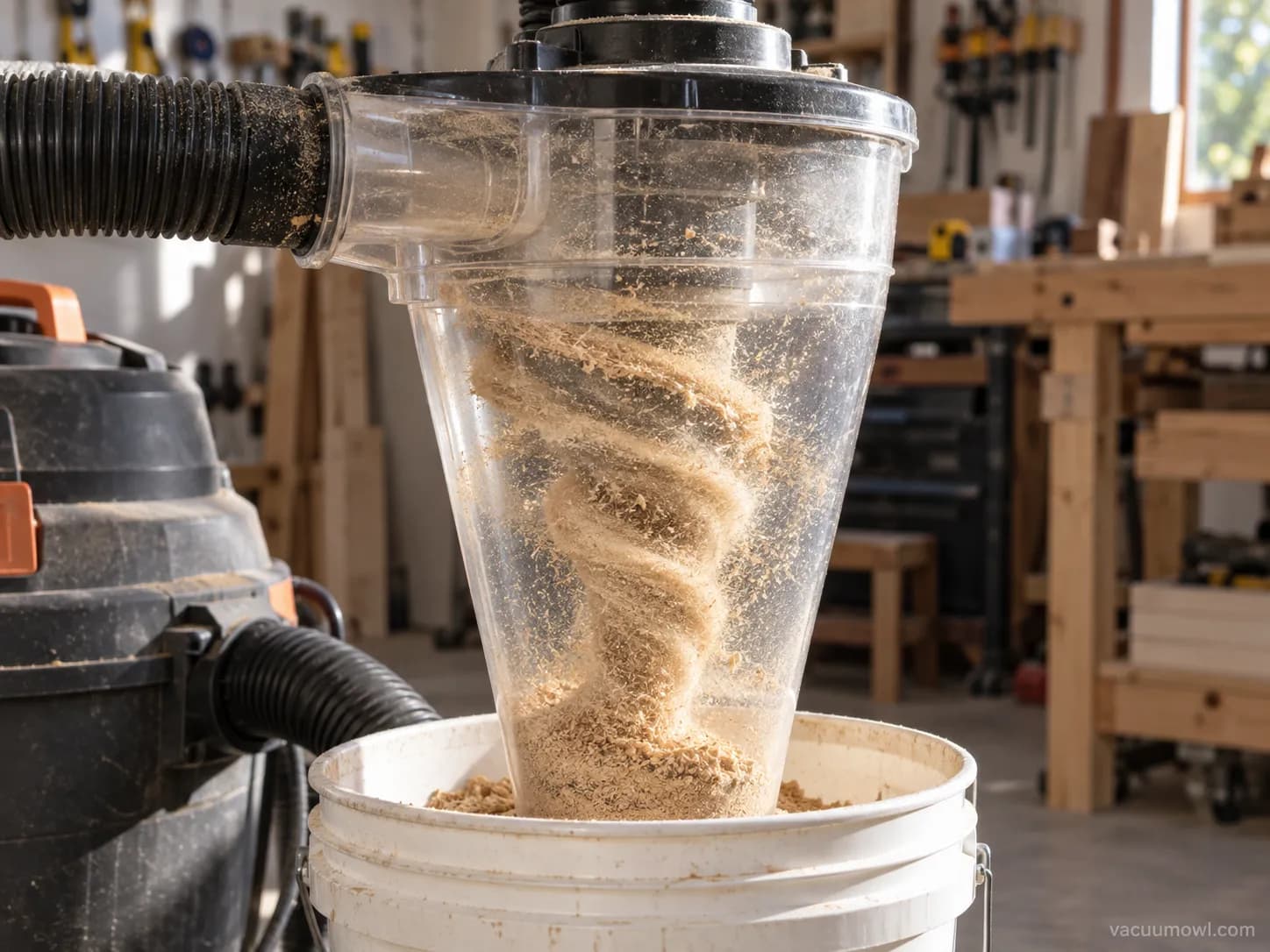 Sawdust spiraling inside a clear cyclone separator on a shop vac.