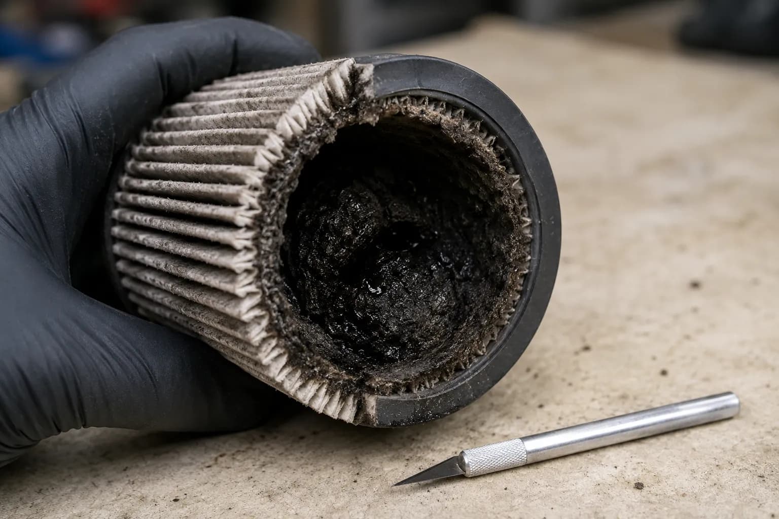 Cut-open HEPA vacuum filter held in a gloved hand, showing dry outer pleats but a dark damp inner core after water damage.