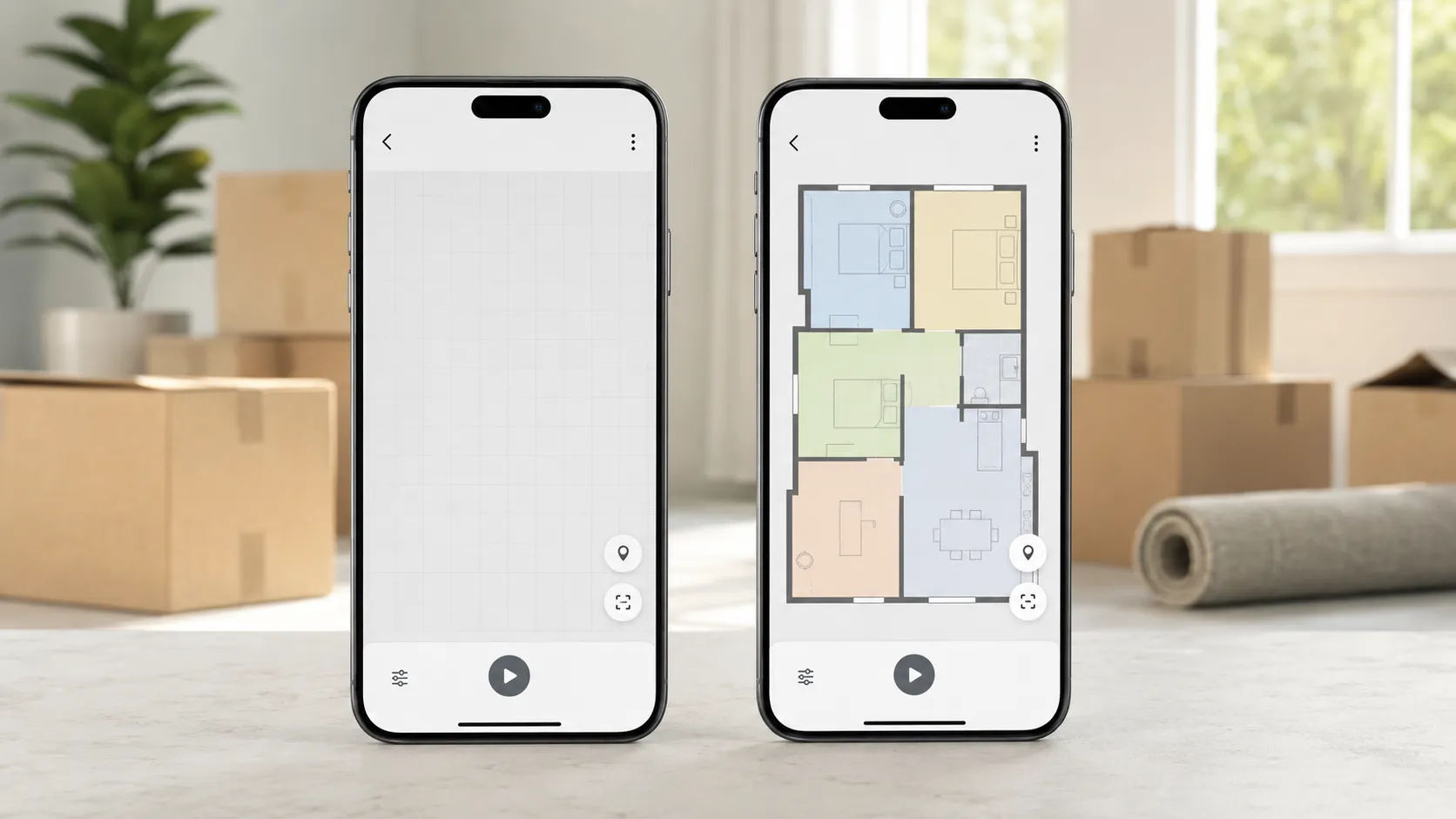 Two smartphone screens showing an old robot vacuum map deleted on the left and a freshly rebuilt multi-room floor plan on the right, with moving boxes in the background.
