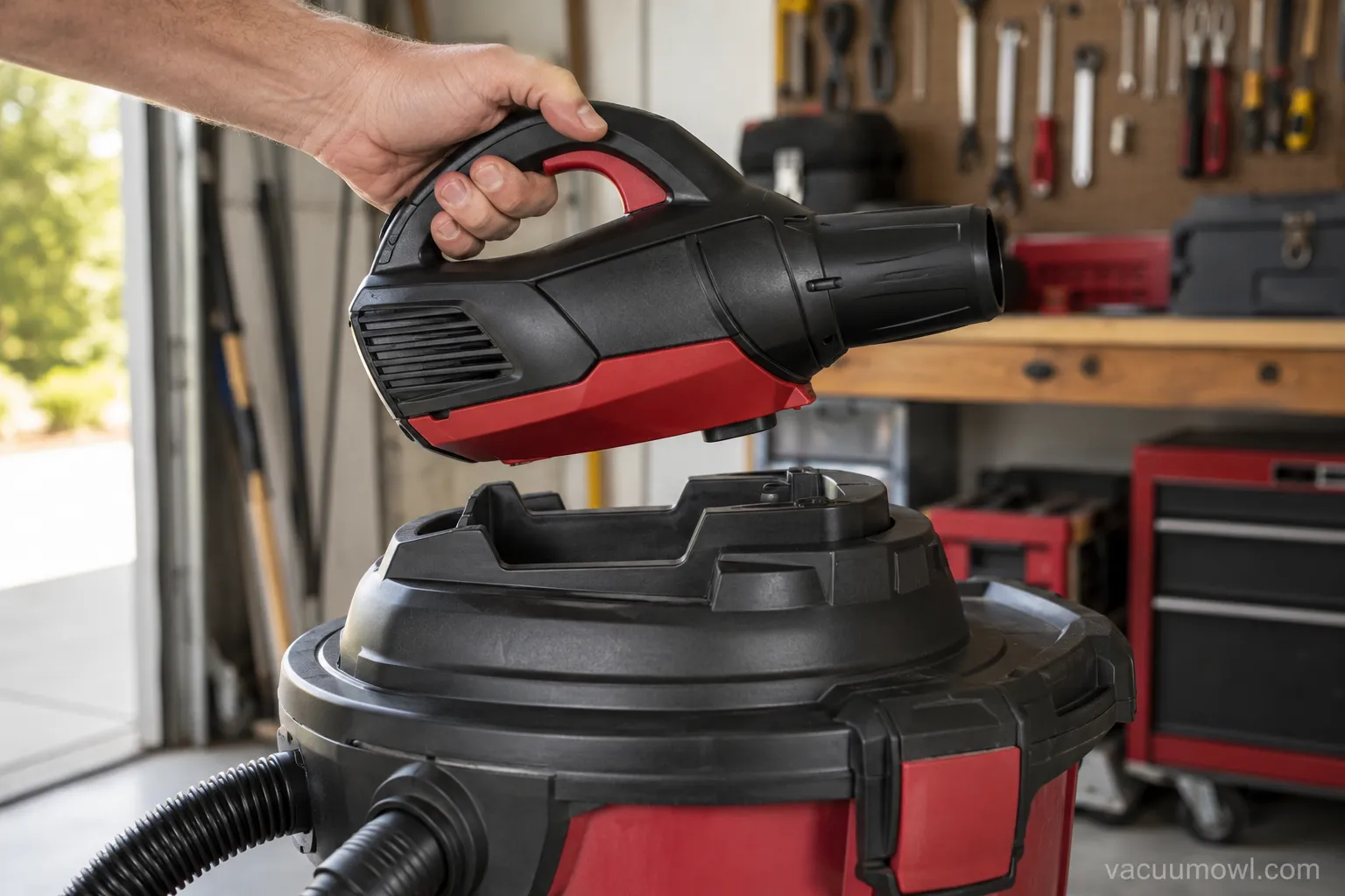 detachable shop vac blower unit lifted out of its cradle by hand
