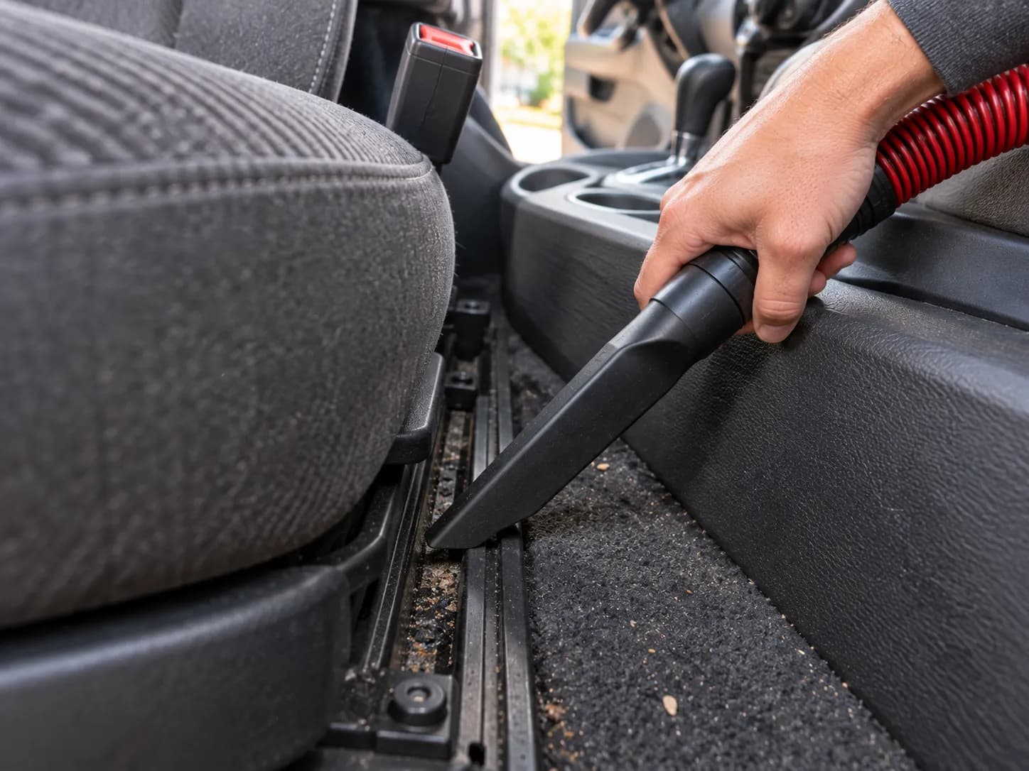 crevice tool cleaning a car seat track with an auto wet dry vacuum