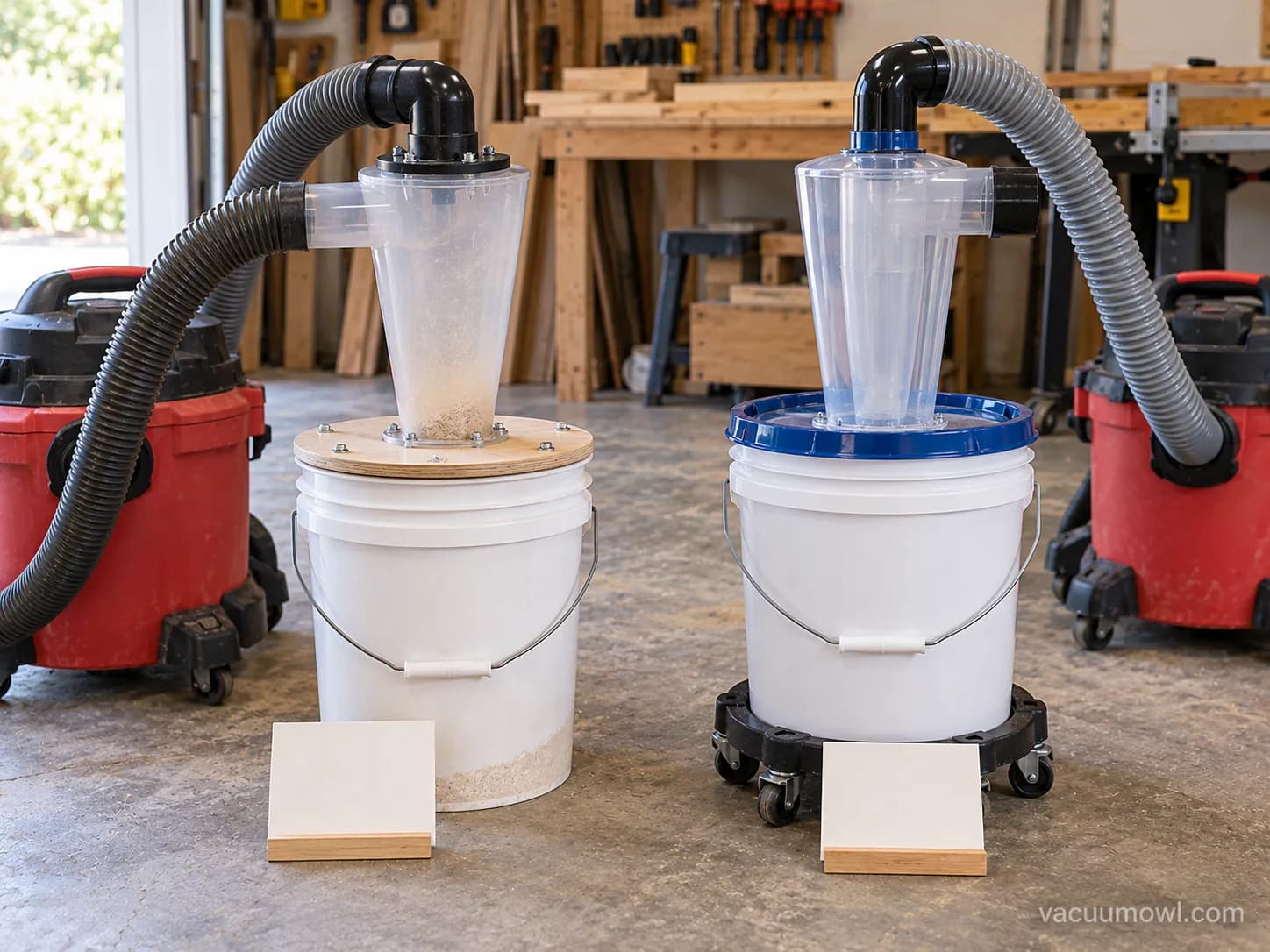 DIY bucket cyclone next to an assembled Dust Deputy kit for cost comparison.