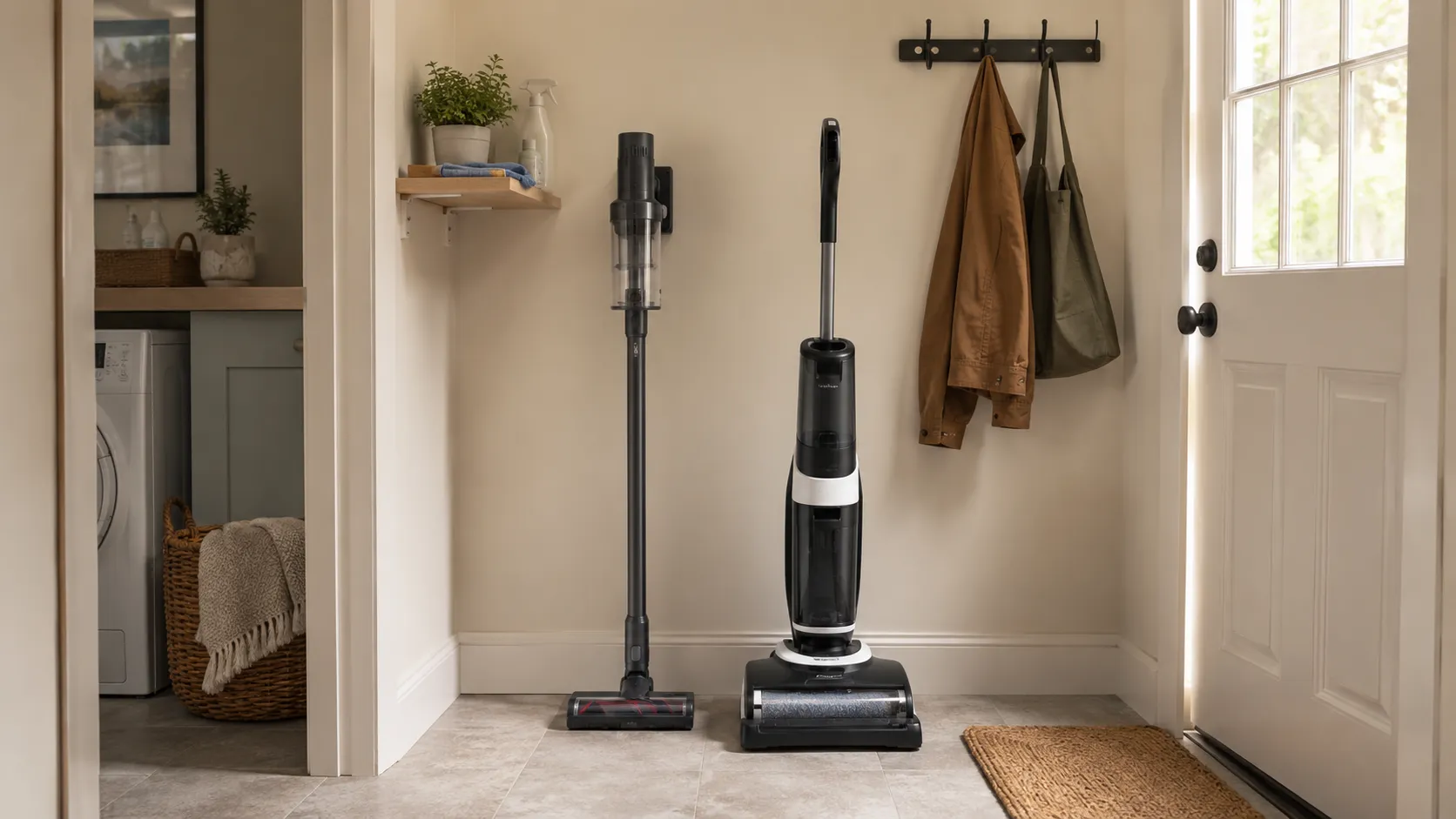 Dry stick vacuum and wet-capable floor cleaner standing side by side in an organized utility nook near a back door, showing separate storage after a water spill test.
