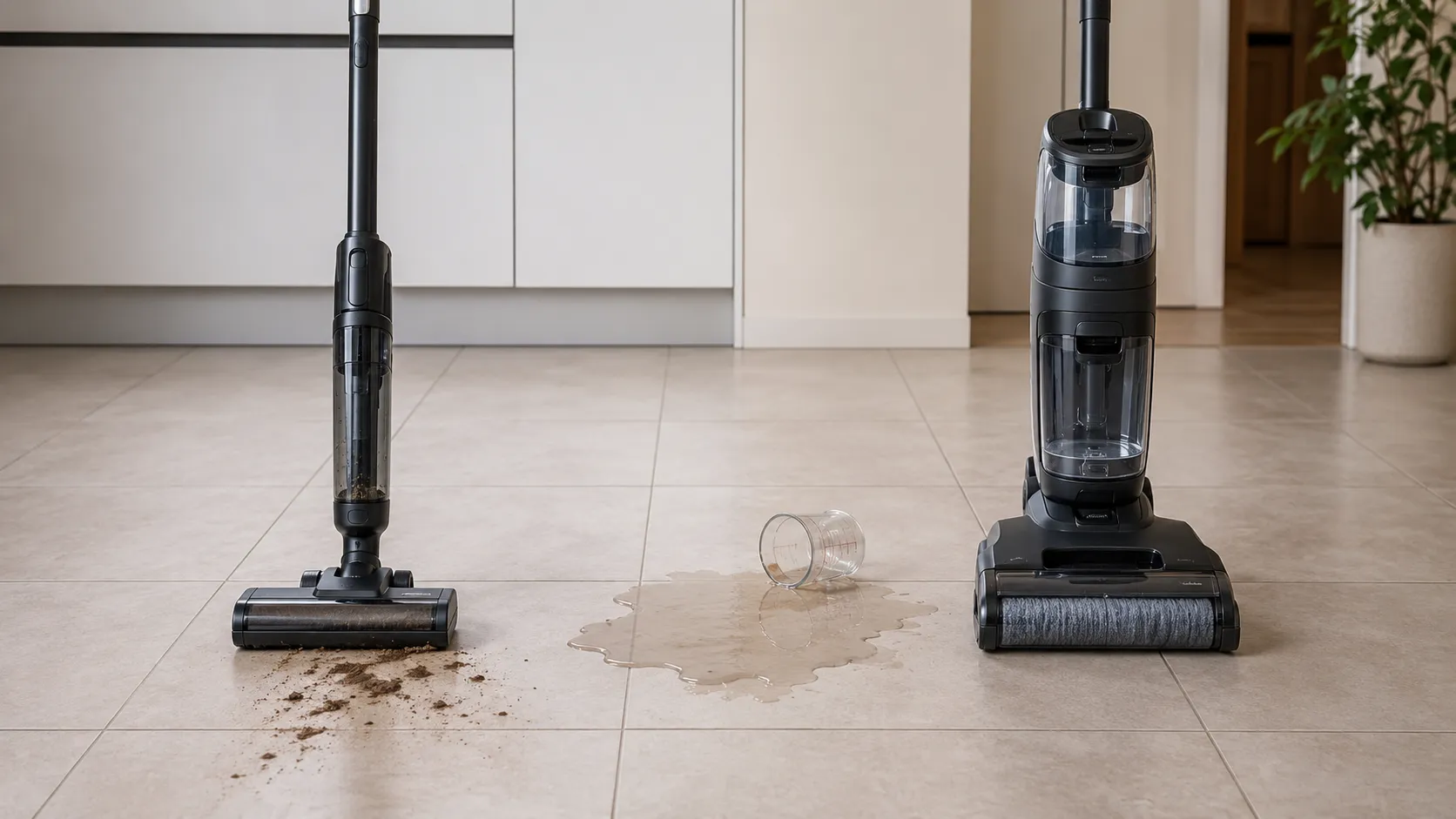 Dry stick vacuum and wet-capable floor cleaner standing side by side on a tiled floor with a tipped measuring cup, water spill and muddy smear near the dry vacuum nozzle.