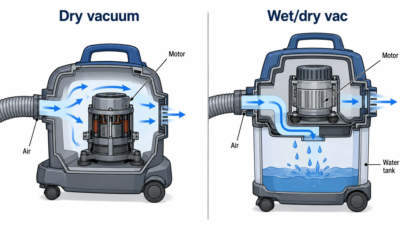 Technical cutaway diagram comparing a dry vacuum airpath with an exposed motor and a wet/dry vac airpath that directs liquid into a separate water tank.