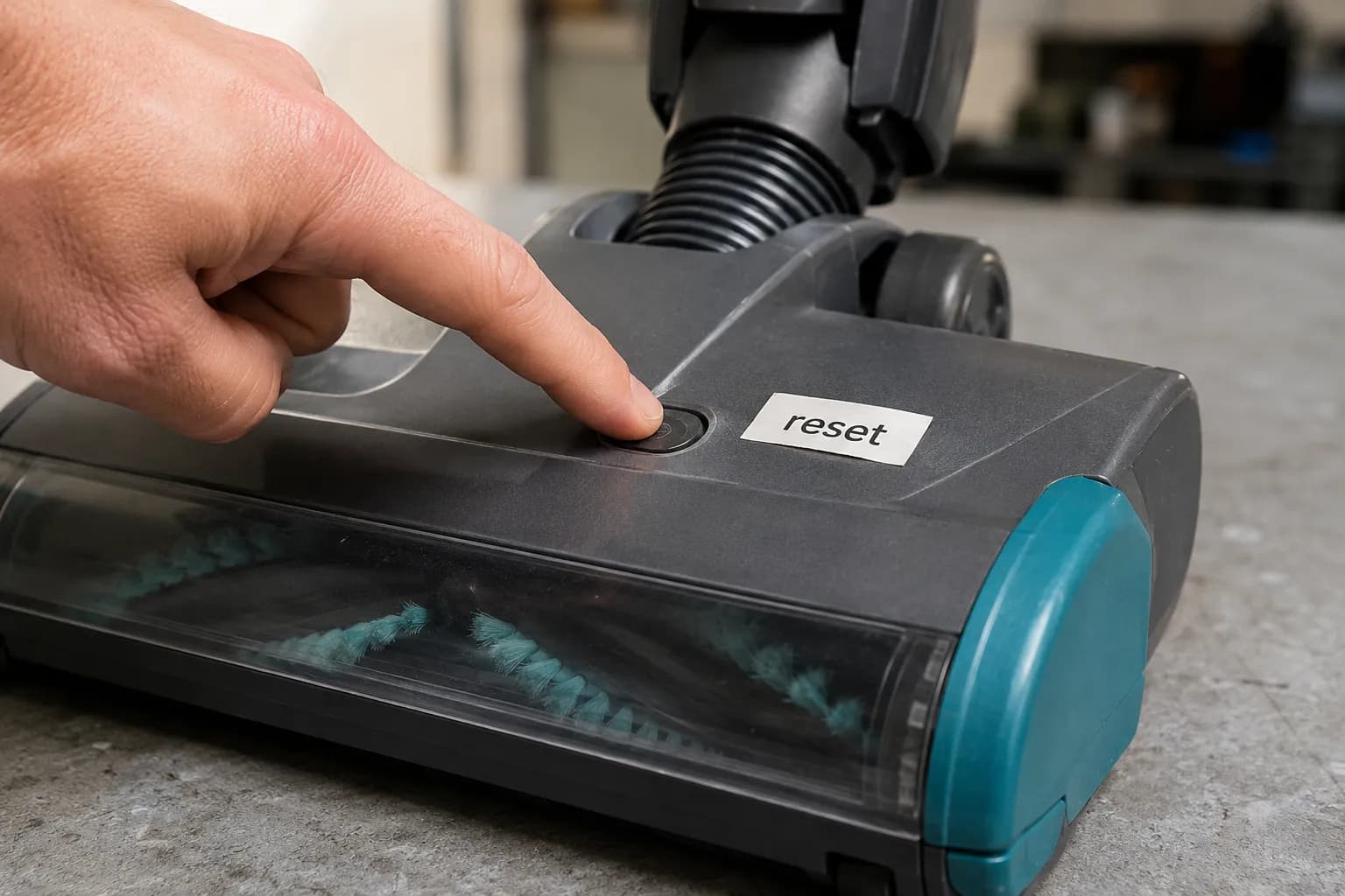Close-up of a finger pressing the reset button on a Dyson Ball upright vacuum cleaner head, with a small “reset” label beside it.