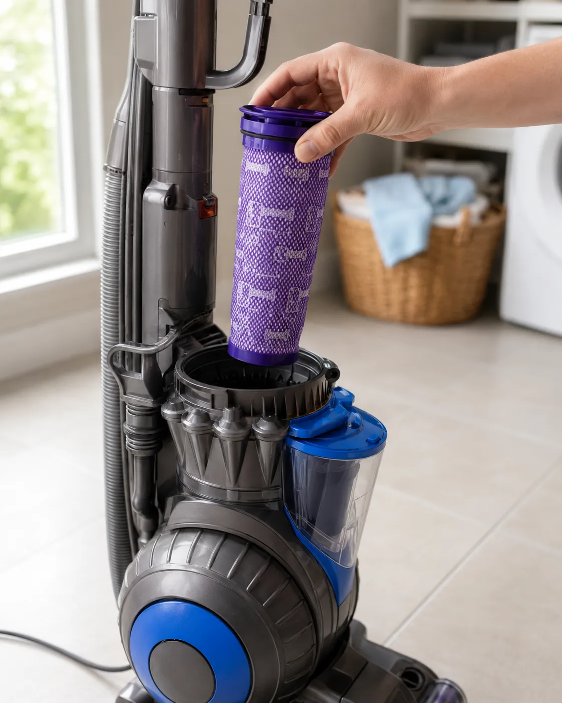 Hand lifting a purple washable filter out of a Dyson Ball upright vacuum, with the empty filter cavity visible below in a bright home utility area.