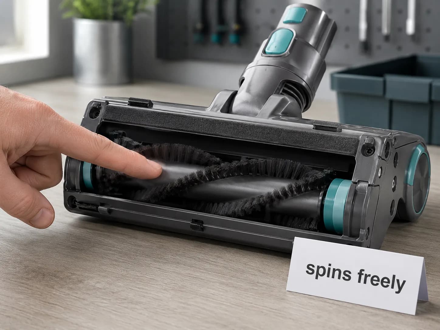 Close-up of a hand flicking the exposed brush bar on a cordless Dyson vacuum head, with a card beside it reading “spins freely” on a light workbench.