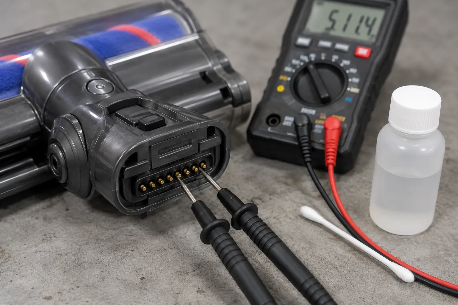 Close-up of multimeter probes testing the gold pins on a Dyson cleaner-head connector, with a digital reading, cotton swab and isopropyl alcohol on a grey workbench.