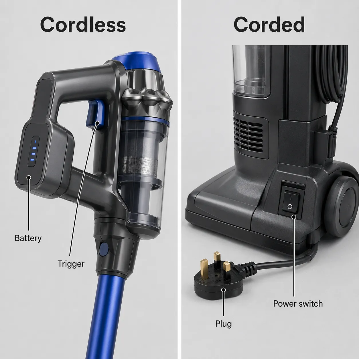 Side-by-side comparison of cordless and corded vacuum controls, showing the battery and trigger on a stick vacuum and the plug and power switch on an upright vacuum.