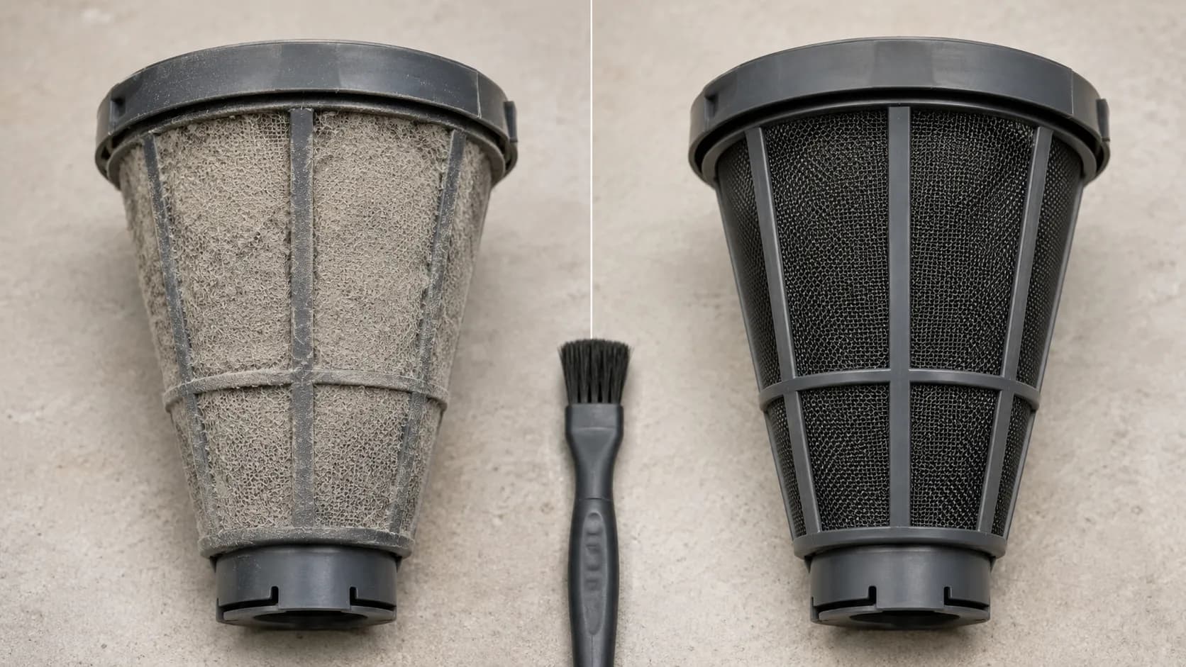 Side-by-side close-up of a cordless vacuum cyclone shroud mesh, showing a dust-caked grey mesh before cleaning on the left and a brushed clean open mesh on the right.