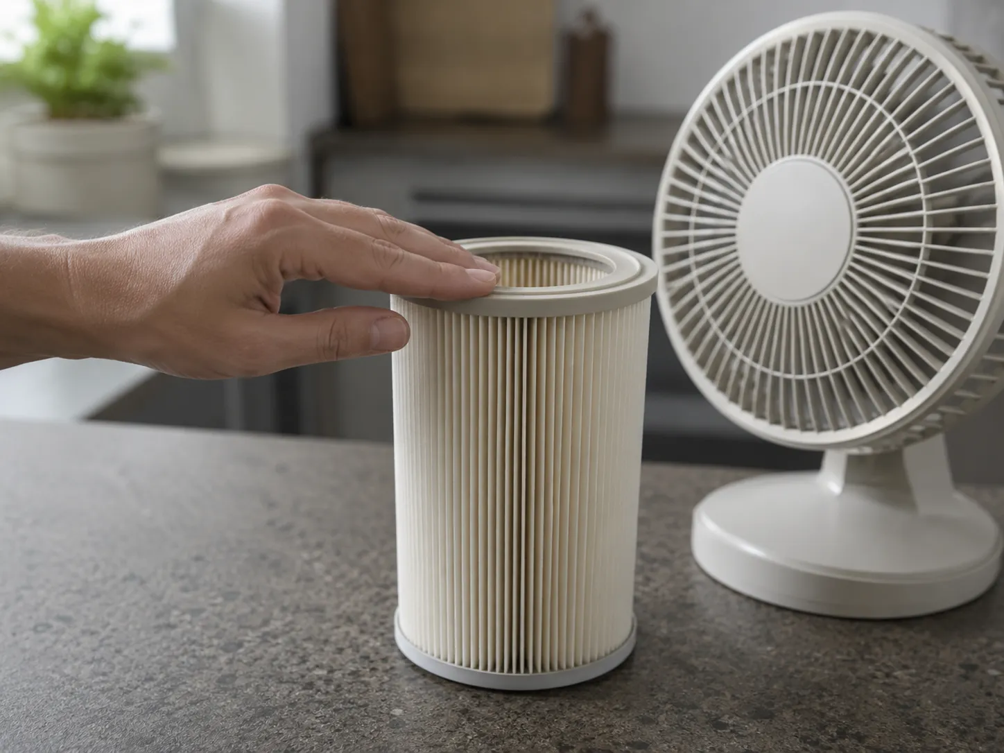 Hand checking the open end of a drying Dyson V10 filter beside a small fan on a kitchen countertop after 16 hours.