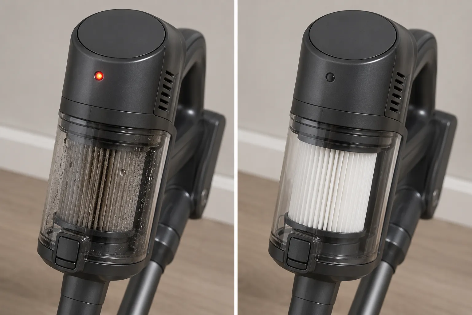 Before-and-after comparison of a cordless vacuum showing the filter indicator light on with a damp filter and off after the dry filter is refitted.