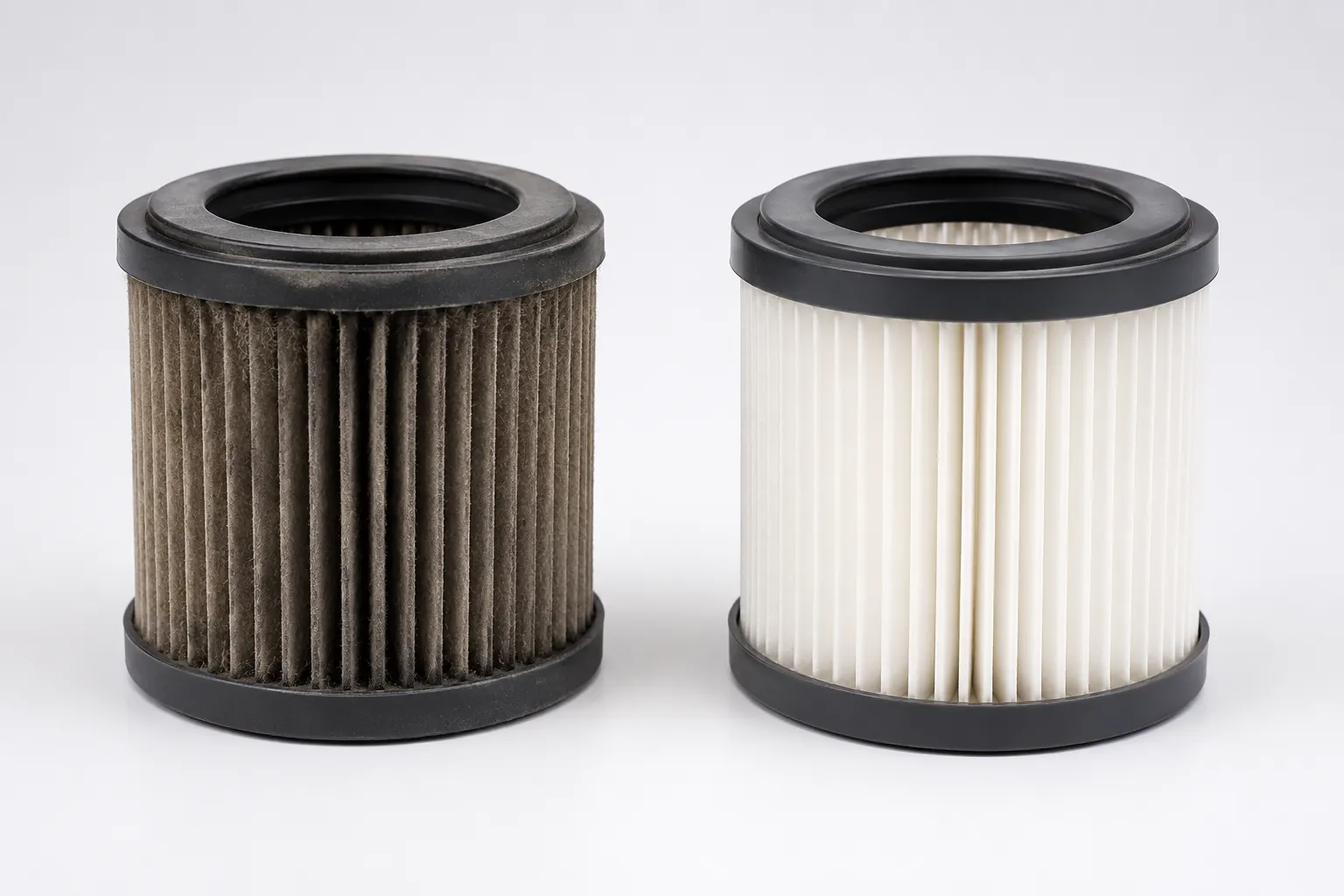 Side-by-side comparison of a worn Dyson V10 filter with thinned grey pleats and a fresh filter with clean, crisp pale pleats.