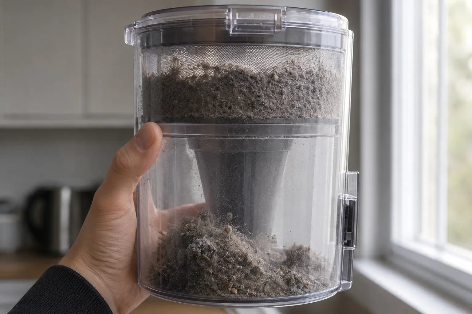 Close-up of a transparent cordless vacuum dust bin held to window light, showing a thick ring of fine grey dust caked against the upper mesh while loose debris sits lower in the bin.