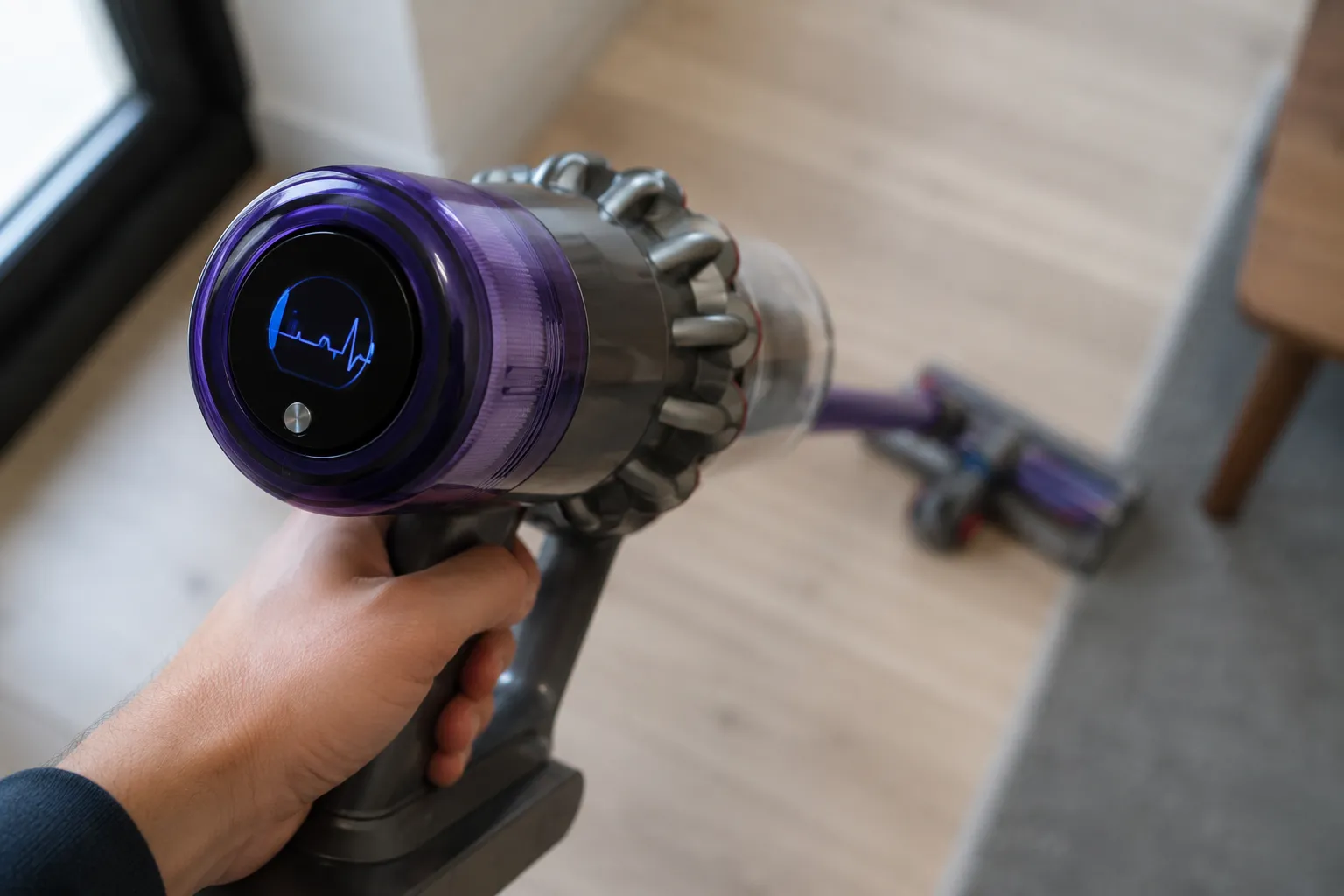 Hand holding a cordless vacuum with its round display illuminated during a stop-start pulsing issue after the filter was refitted too early.