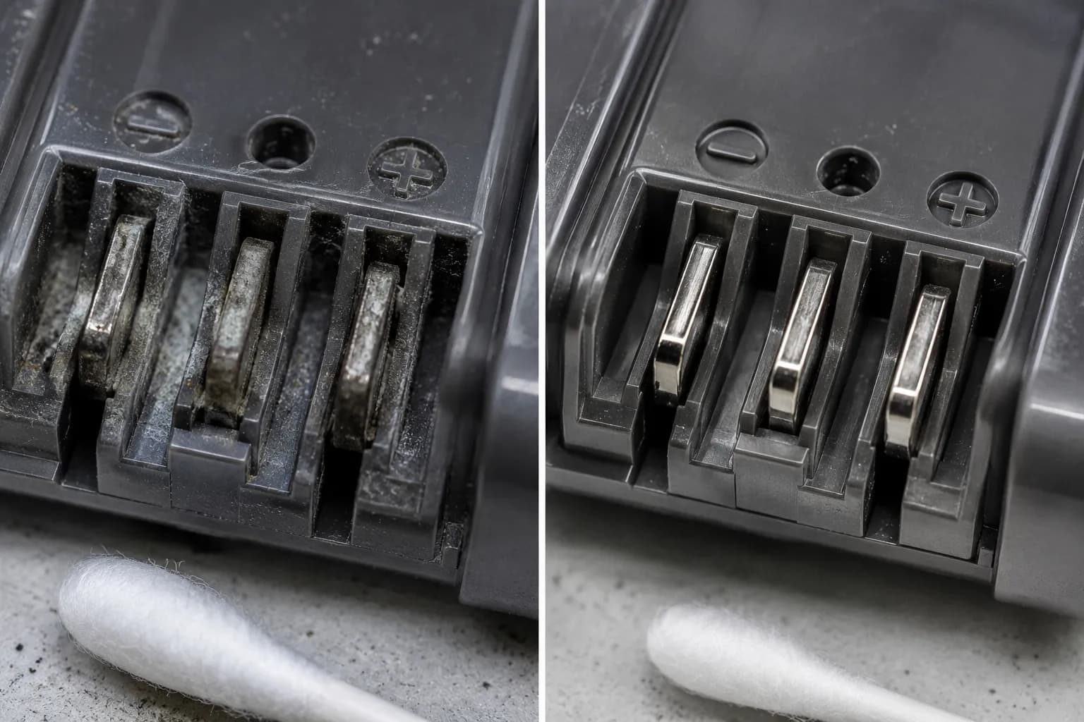 Before-and-after close-up of cordless vacuum charging contacts, showing dull oxidised metal on the left and bright clean contacts after an isopropyl alcohol wipe on the right.