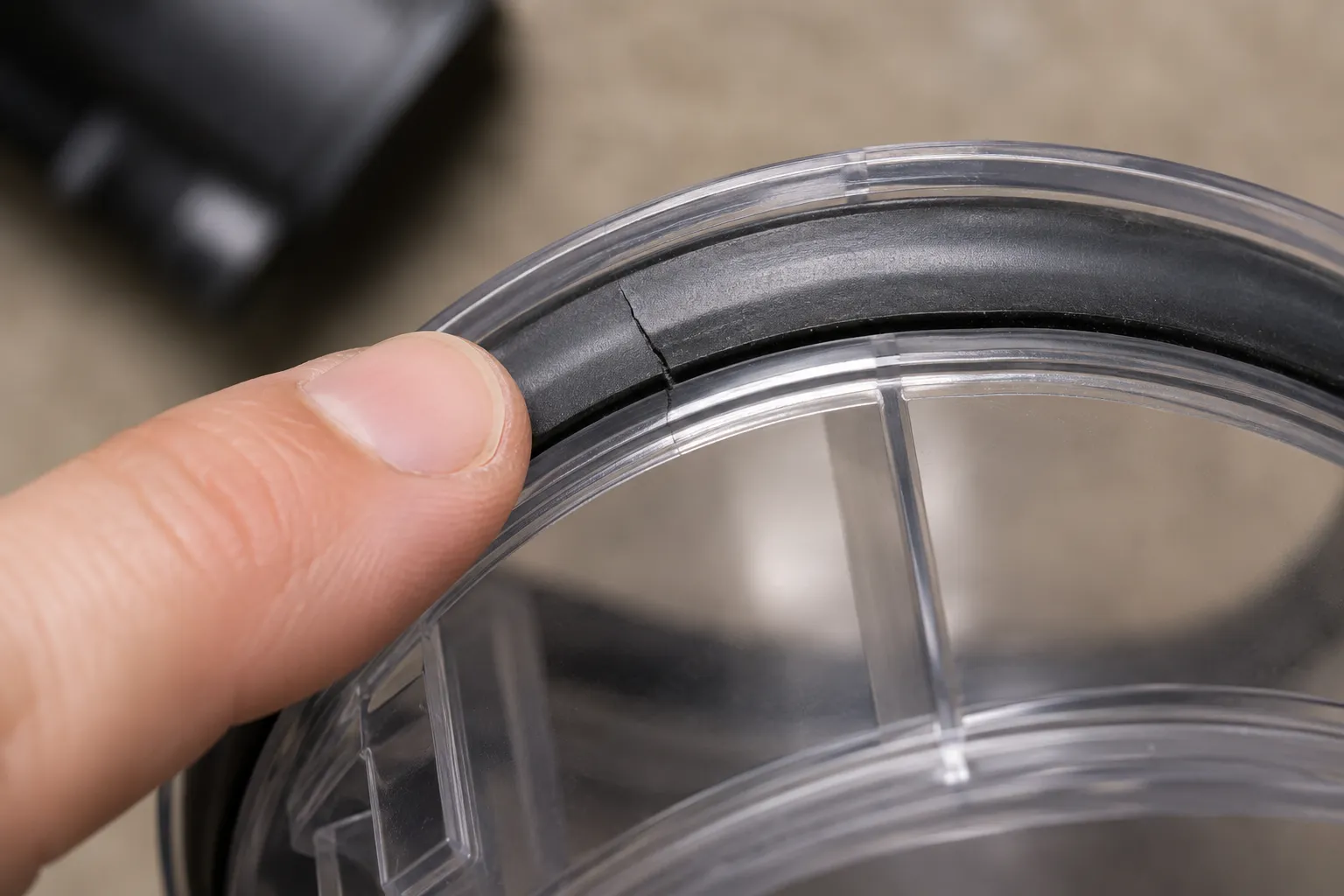 Close-up of a clear vacuum bin rim with a thin crack across the black rubber gasket, while a fingertip points to the suspected air-leak spot.