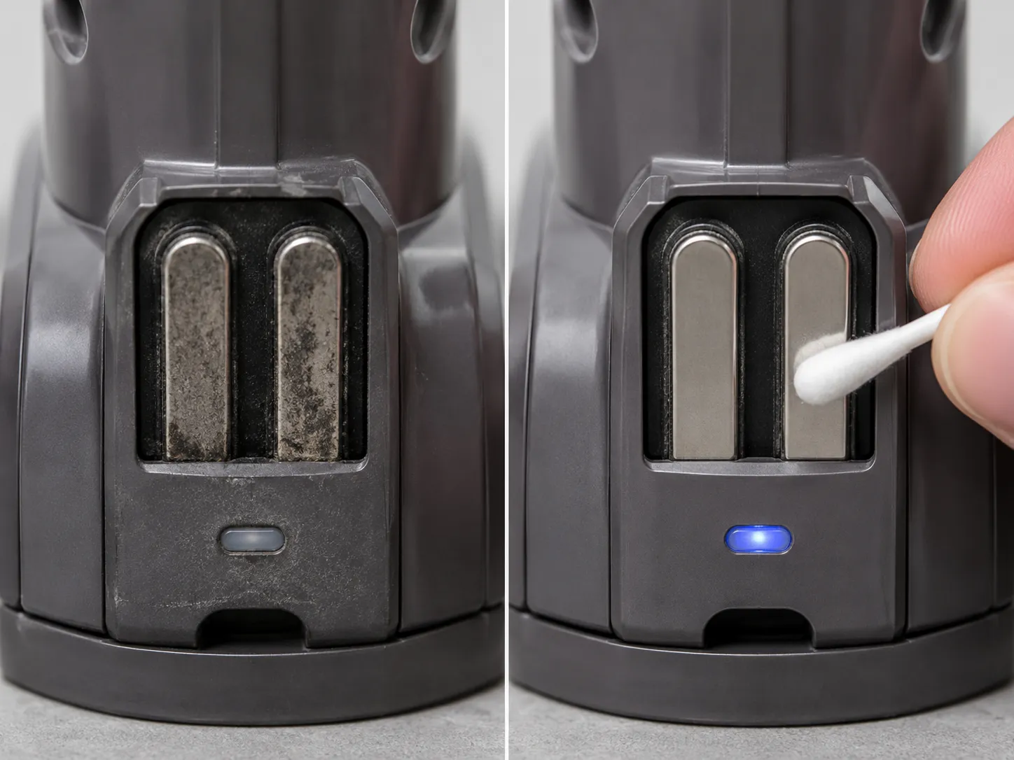 Before-and-after close-up of dirty and cleaned Dyson V8 charging contacts, with the charging light restored after cleaning.