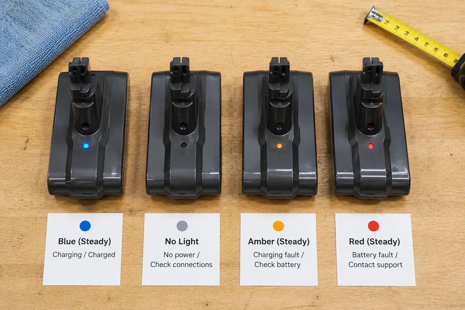 Four cordless vacuum battery packs arranged side by side, showing steady blue, no light, amber and red LED states to explain common charging and battery conditions.