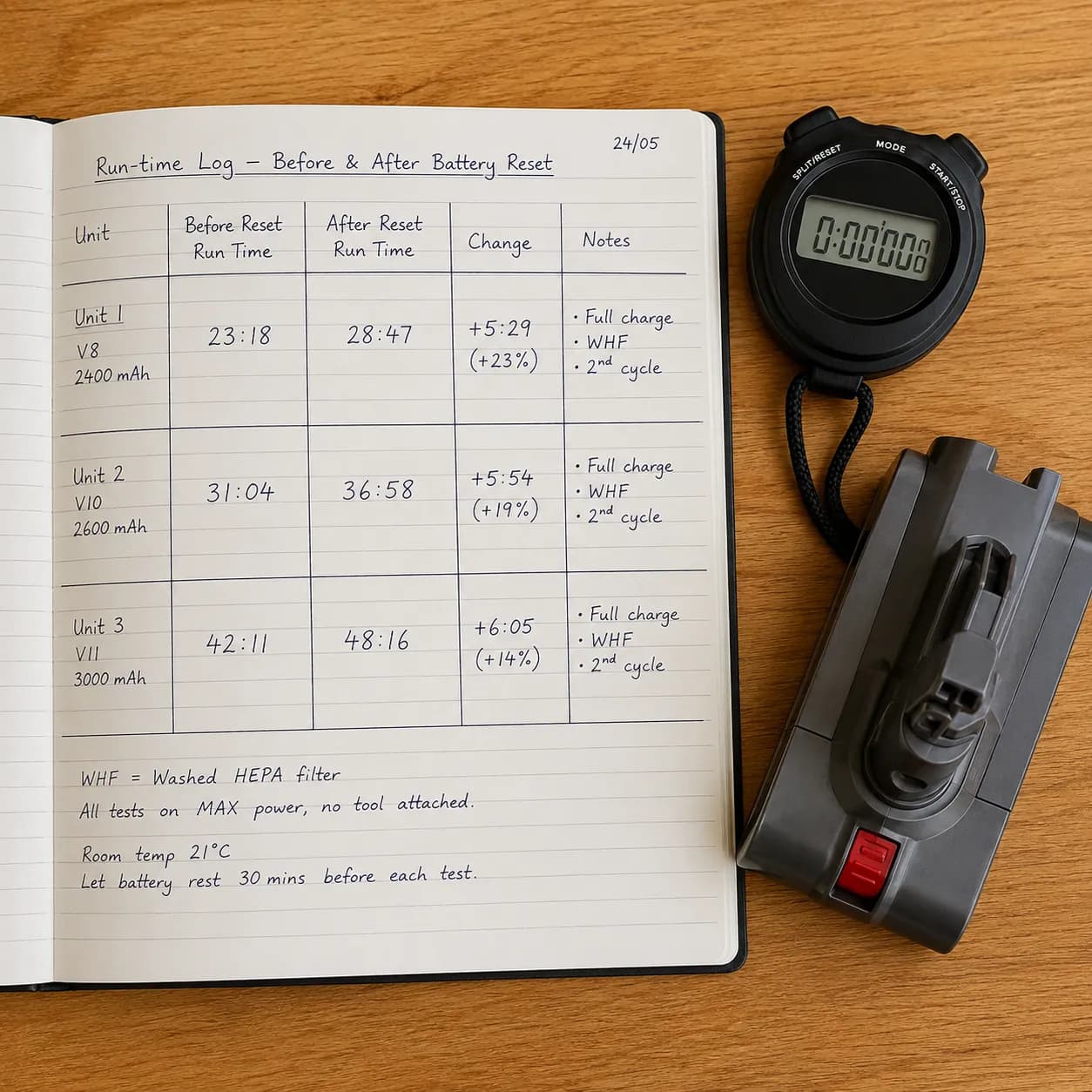 Overhead view of a notebook recording before-and-after runtime results for three cordless vacuum test units, with a stopwatch and battery pack beside the page.
