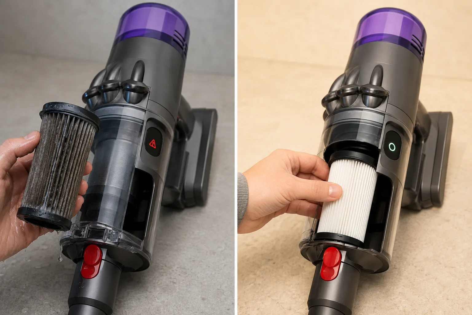 Before-and-after view of a damp vacuum filter triggering a warning light, followed by the same dry filter reinstalled with the machine running normally.