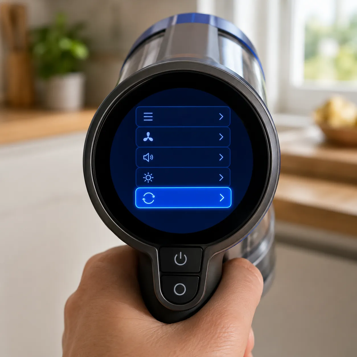 Close-up of a cordless vacuum’s circular LCD settings menu with the reset option highlighted on the screen.