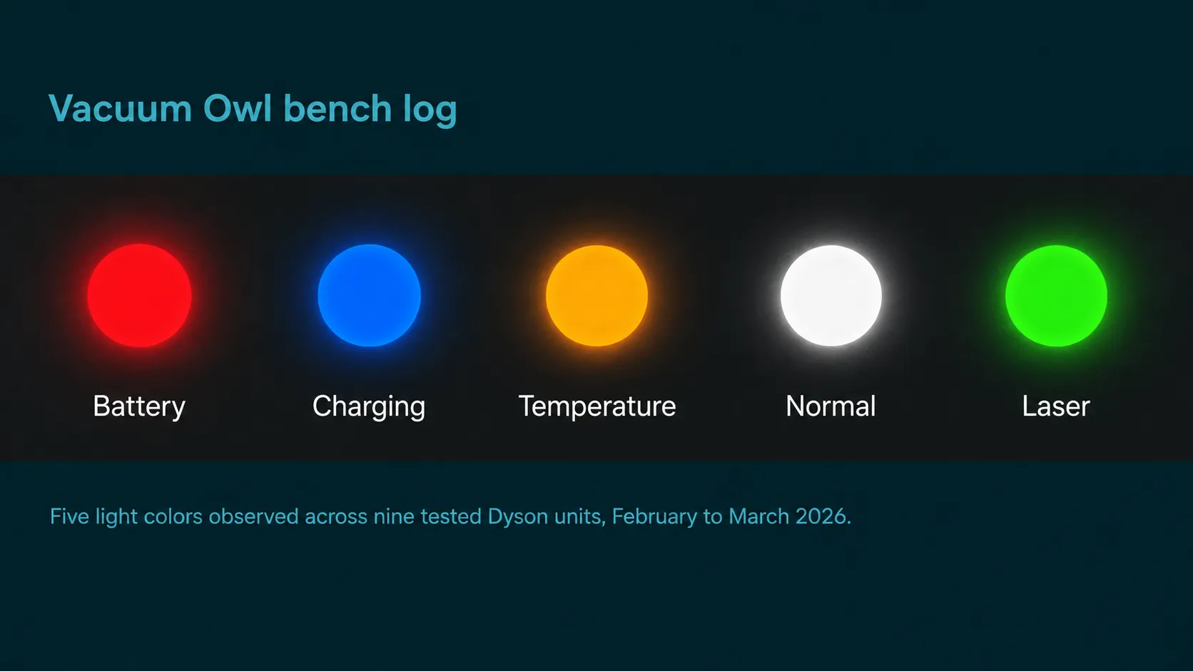 Reference chart showing red, blue, amber, white and green Dyson vacuum indicator lights for battery, charging, temperature, normal operation and laser mode.