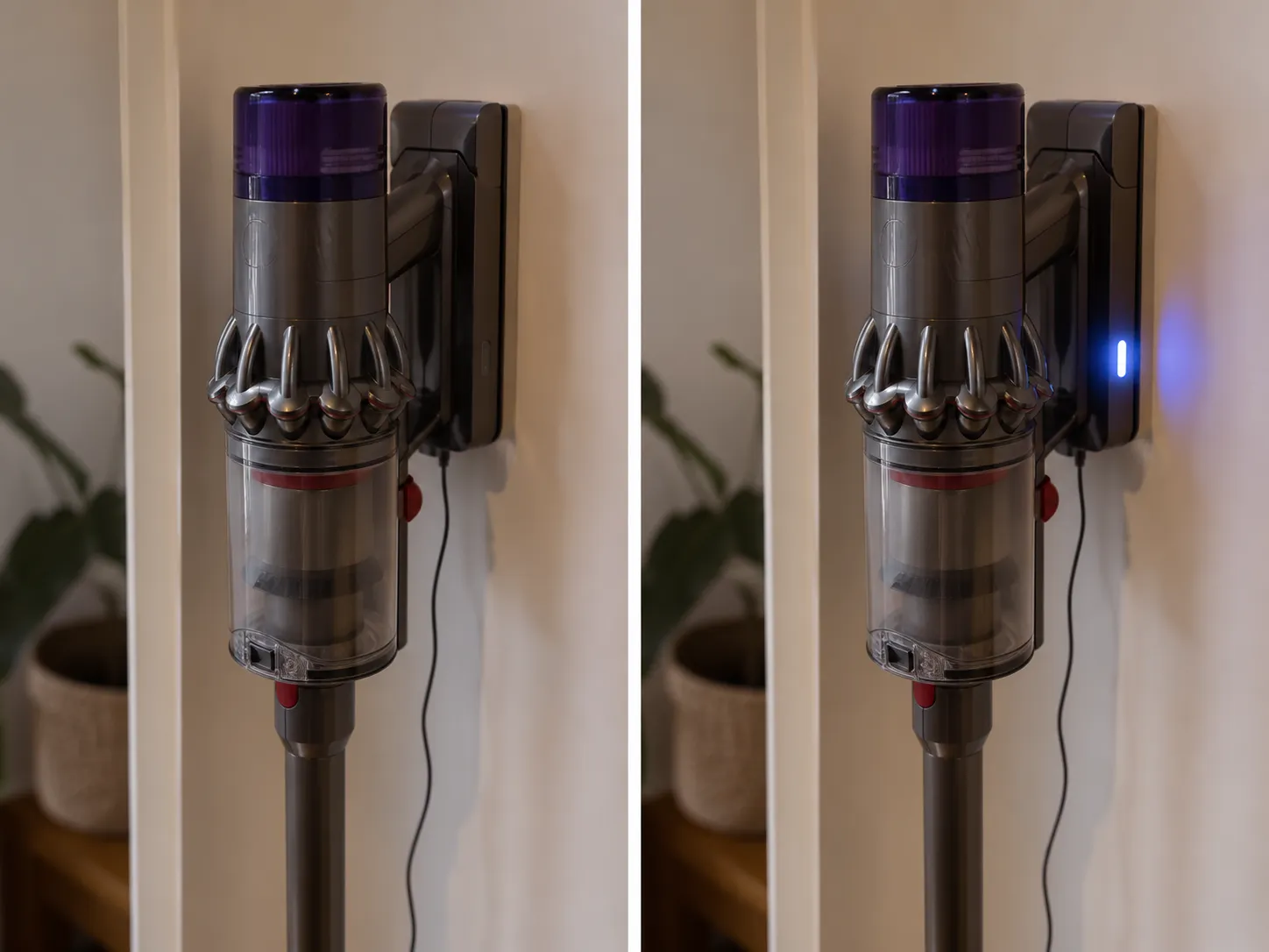 Before-and-after sequence of a Dyson vacuum on its dock, first with no charging light and then charging after a 30-minute safety-switch reset.