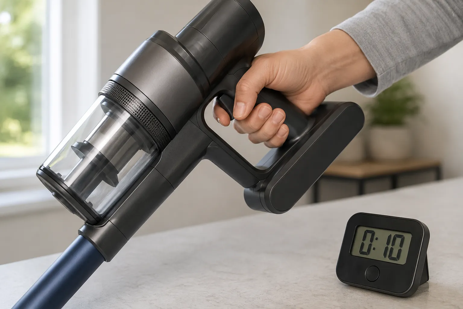 Hand holding the trigger on a cordless stick vacuum beside a digital stopwatch showing ten seconds during a reset test.