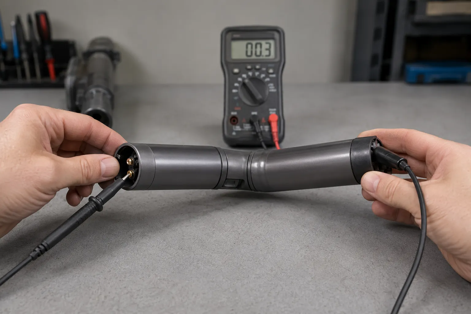 Two hands flexing a cordless Dyson vacuum wand while multimeter probes test continuity across both ends on a grey workbench.
