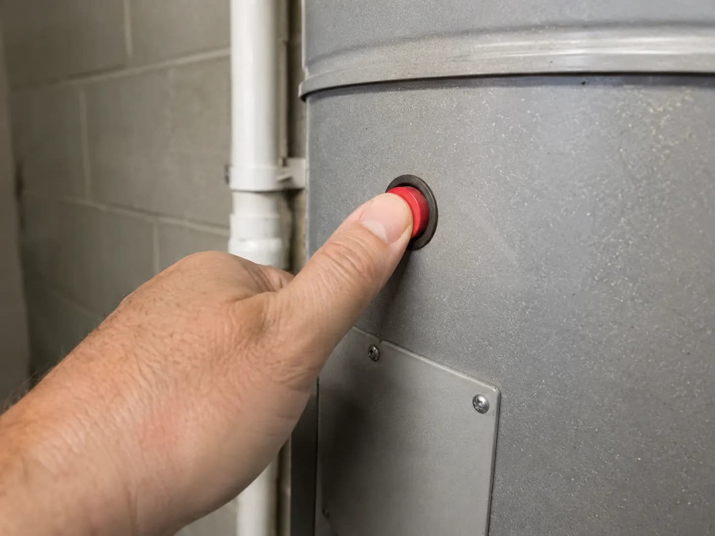 Close-up of a red reset button being pressed on the side of a wall-mounted central vacuum power unit.