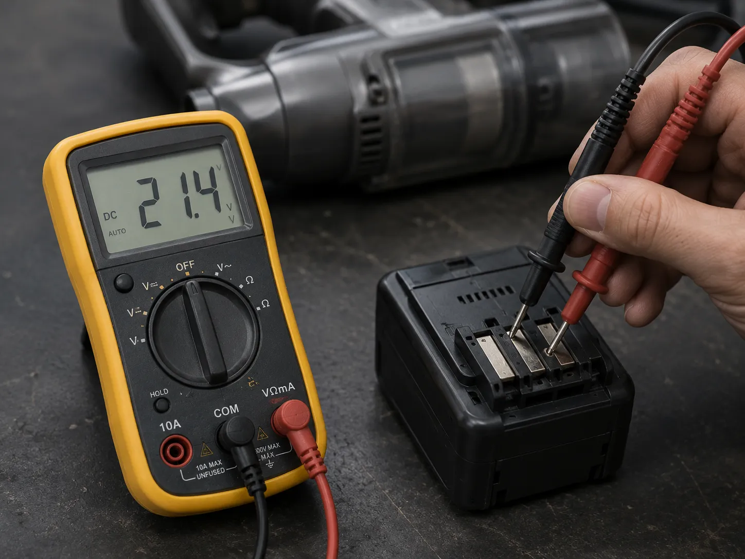 Digital multimeter reading 21.4 V from a 25.2 V cordless vacuum battery pack, explaining why the indicator lights blink twice and the vacuum does not start.