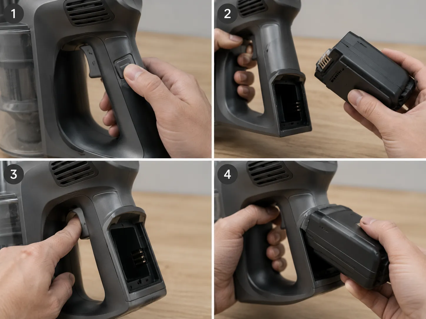 Four-step cordless vacuum hard reset showing the battery release, battery removal, holding the power trigger for 15 seconds, and reinstalling the battery pack.