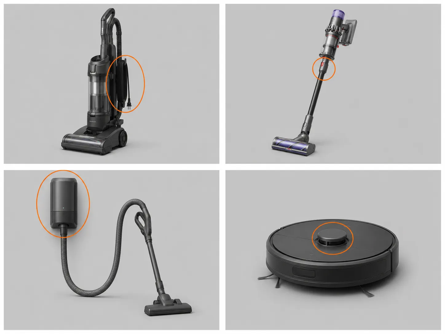 Four-panel comparison of upright, cordless stick, canister and robot vacuum types, with an orange circle highlighting the quickest identifying feature on each model.