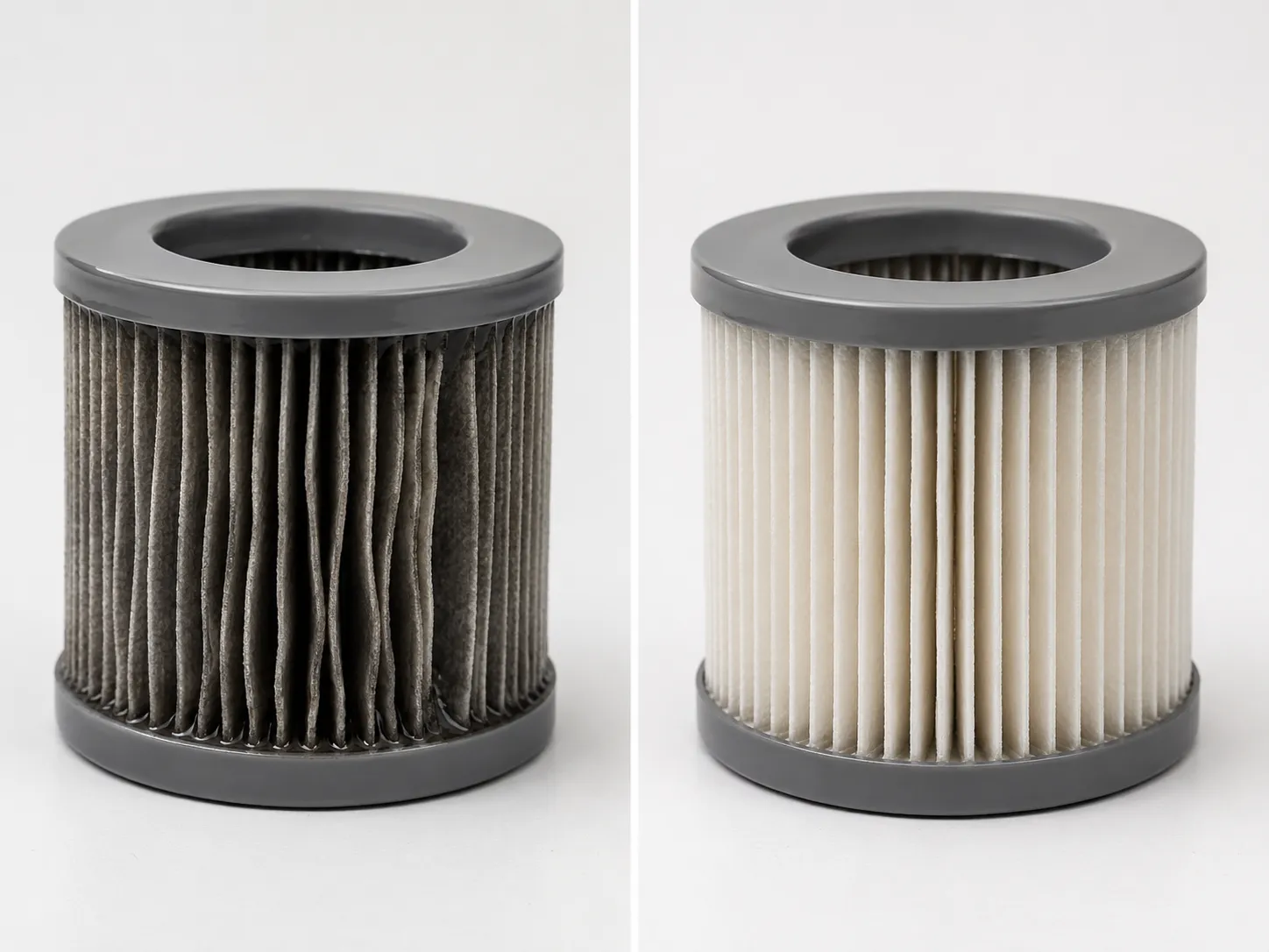 Side-by-side comparison of the same vacuum filter while still damp after 6 hours and fully dry after 24 hours, showing dark compressed pleats versus pale open pleats.