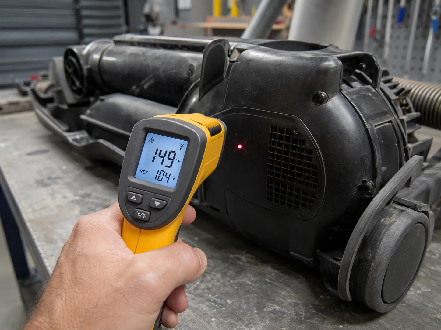 Infrared thermometer measuring a vacuum motor housing at 149 °F, with a 104 °F restart reference shown on the display.