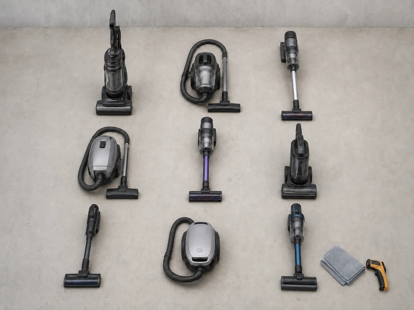 Nine upright, cordless stick and canister vacuum cleaners arranged on a workshop bench, with only one unit showing a visible reset button.