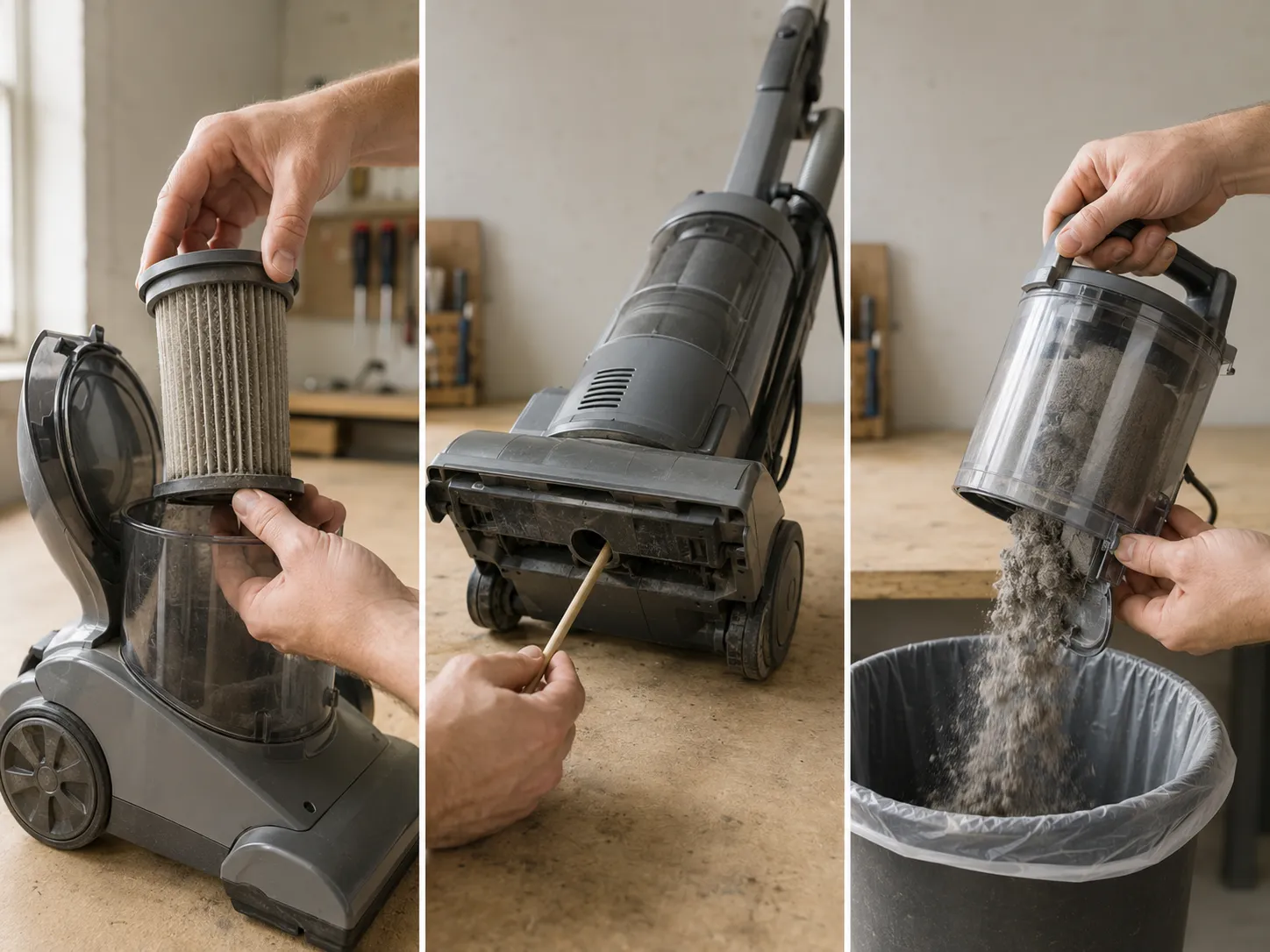 Three-step vacuum reset sequence showing filter removal, underside intake clearing with a wooden dowel, and emptying the dust cup into a bin.