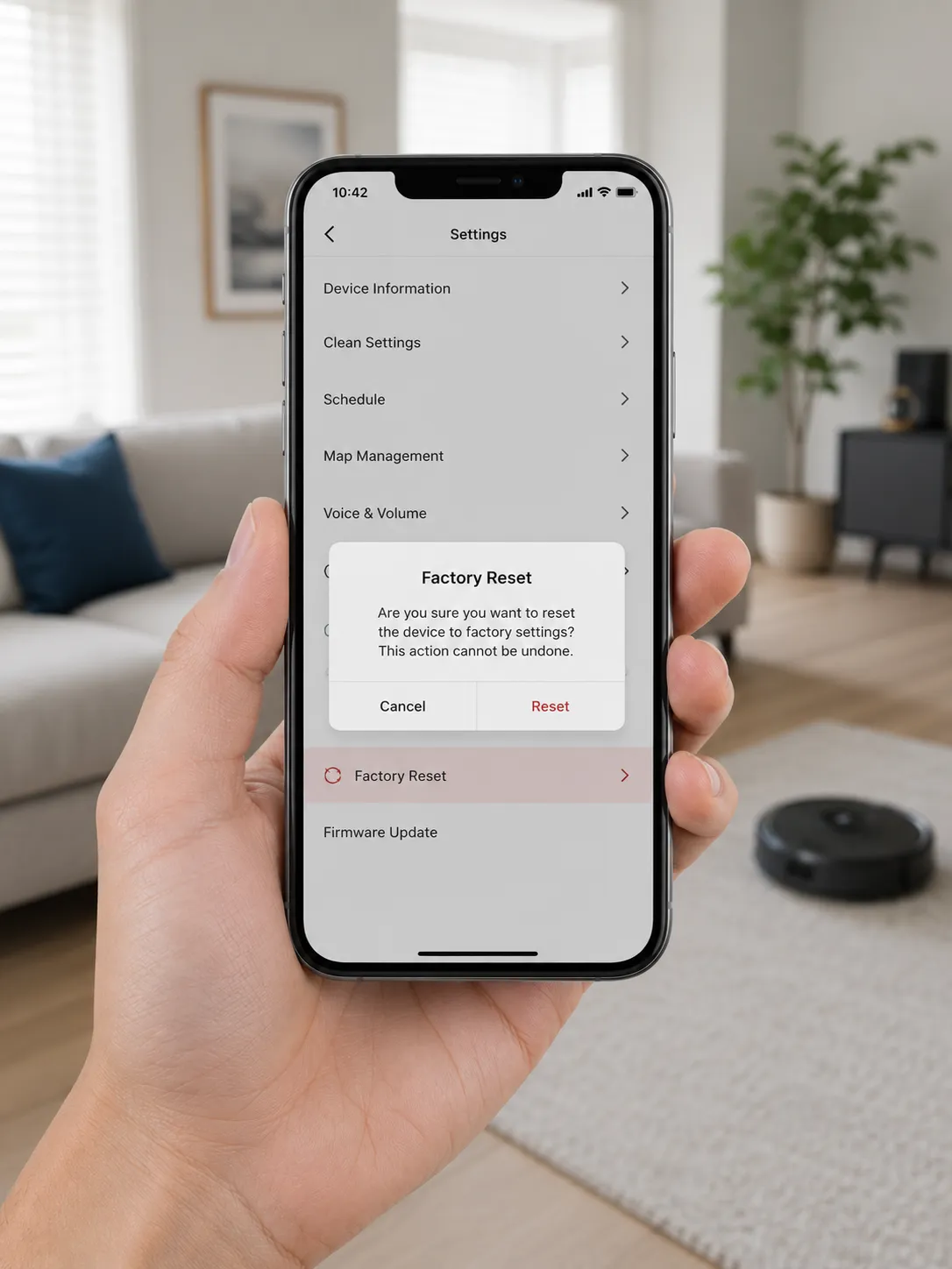 Smartphone showing a robot vacuum app factory reset confirmation dialog, illustrating how to reset a Shark-style robot vacuum through the app.