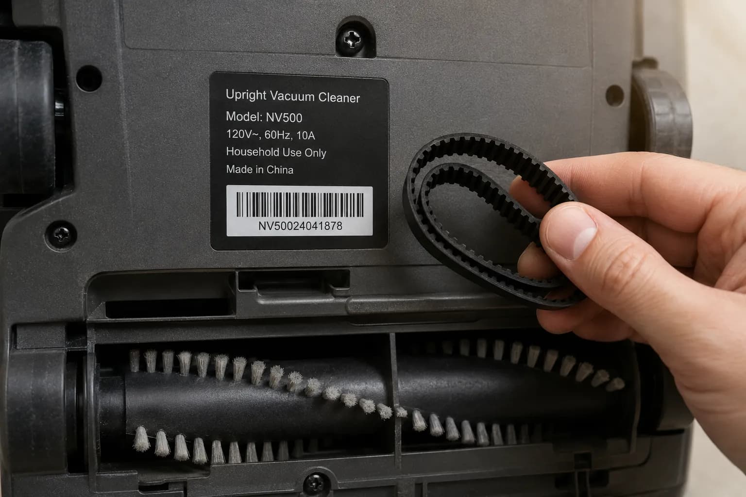 Close-up of a Shark-style upright vacuum rating label with a model number and barcode, while a hand holds a coiled replacement belt beside the brushroll for fit comparison.
