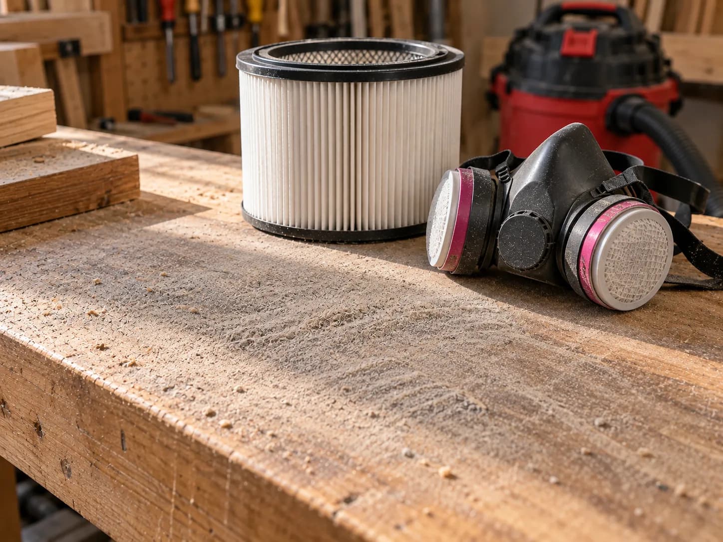 Fine wood dust on a bench beside a HEPA shop vac filter and a respirator.