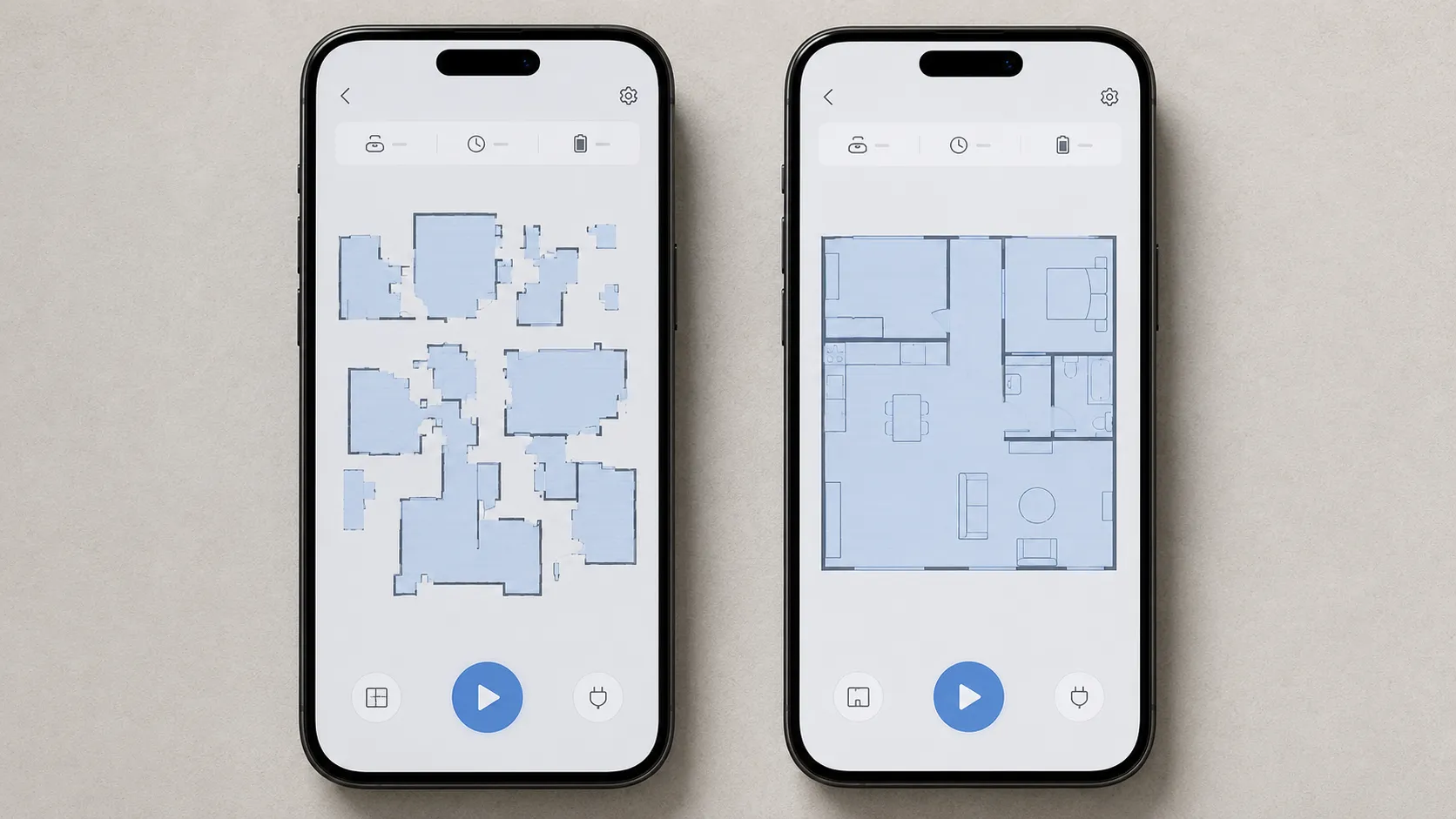 Two smartphone screens showing a robot vacuum app map before and after rescanning, with a fragmented room map on the left and a clean complete floor map on the right.