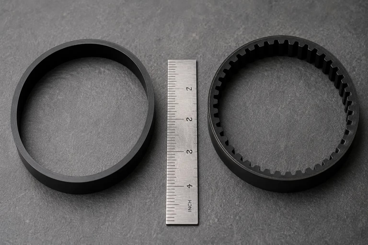 flat vacuum belt next to a geared cogged vacuum belt showing the tooth profile difference