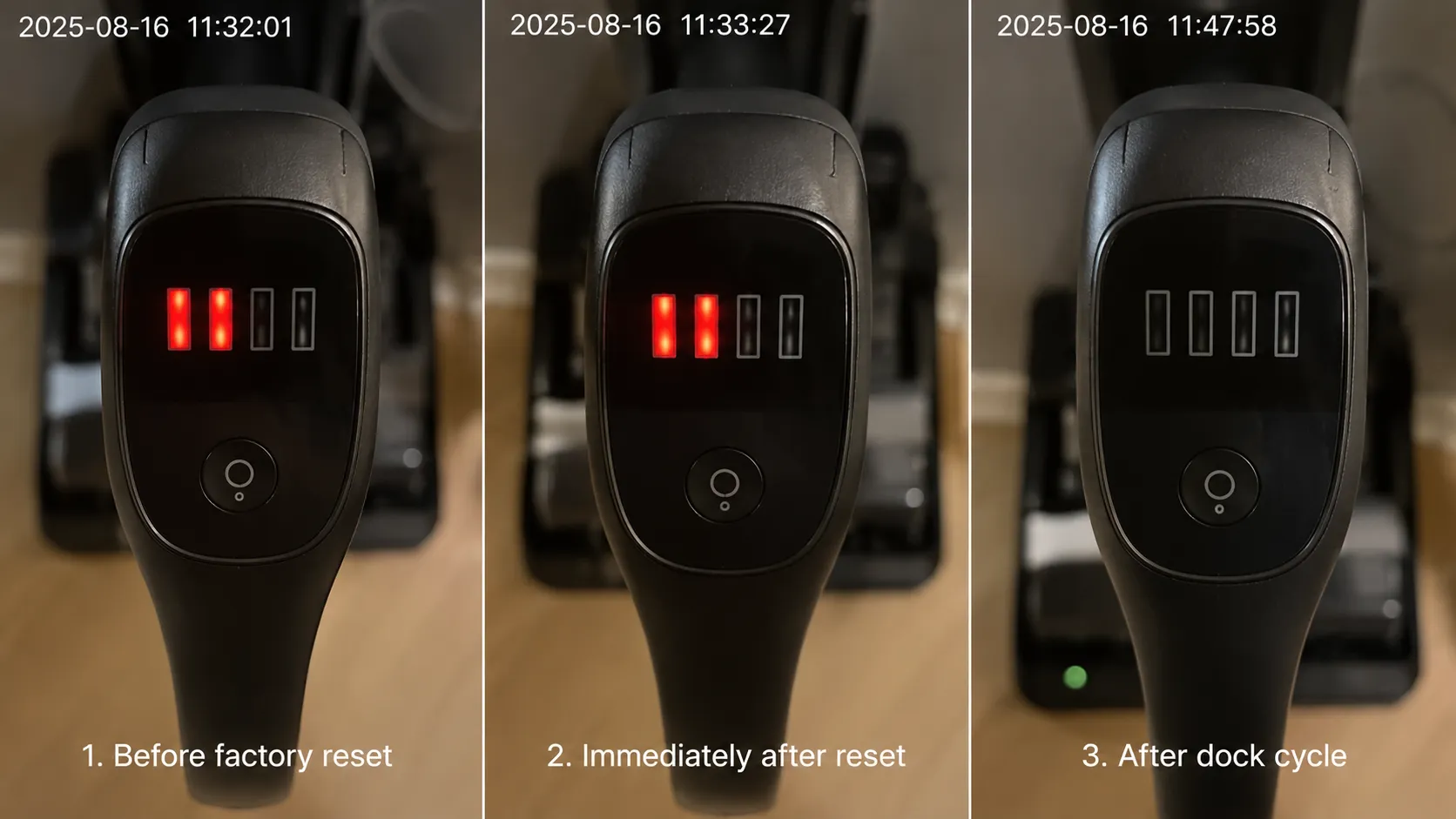 Three-frame comparison of a cordless floor cleaner display showing two red warning lights before and after a factory reset, followed by the lights clearing after a dock cycle.