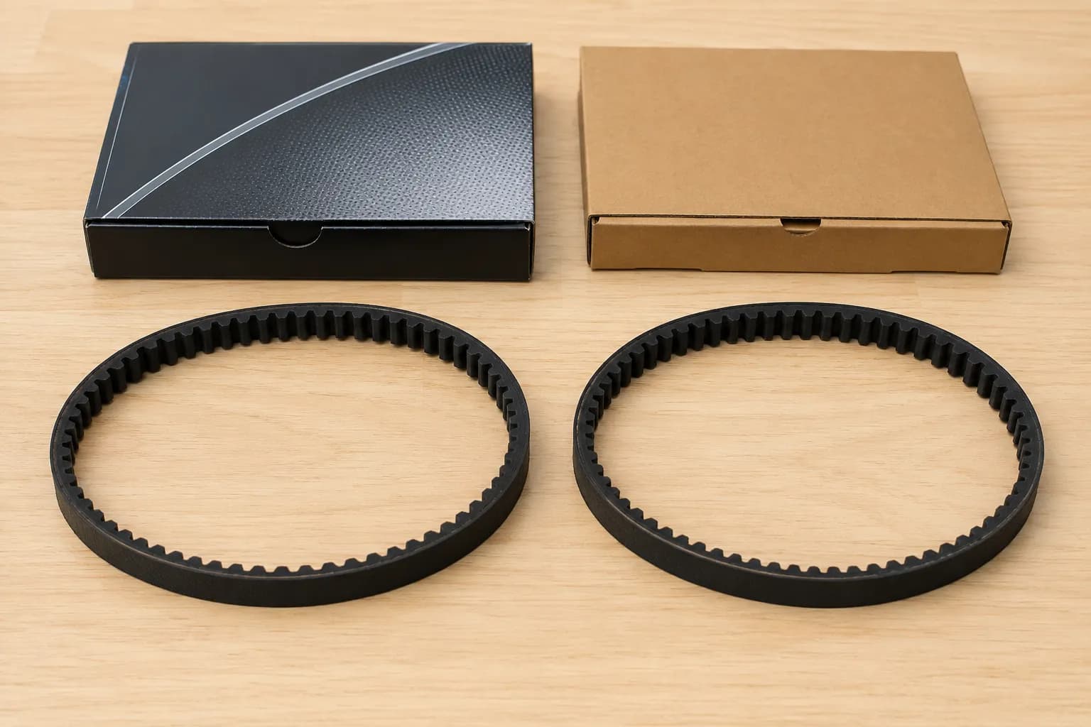 Two identical black Shark-style vacuum belts shown side by side with genuine-style and plain aftermarket packaging behind them, comparing belt size and tooth pattern for fit.