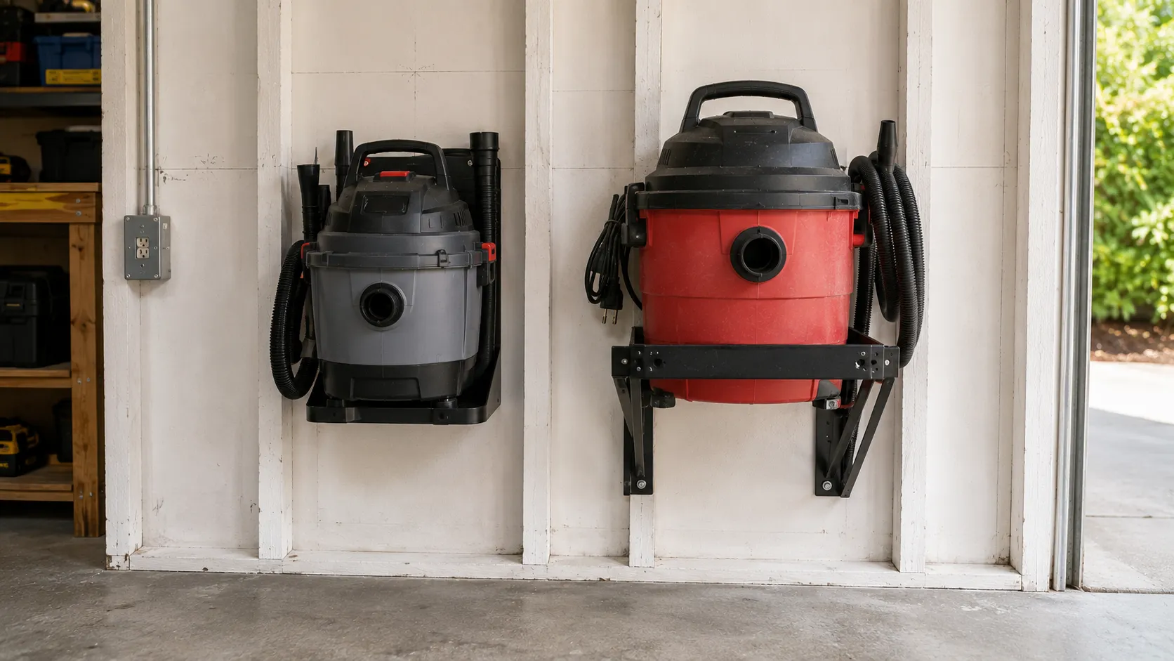 Factory hang-up shop vac mounted beside a larger DIY-bracketed shop vac on the same garage wall.