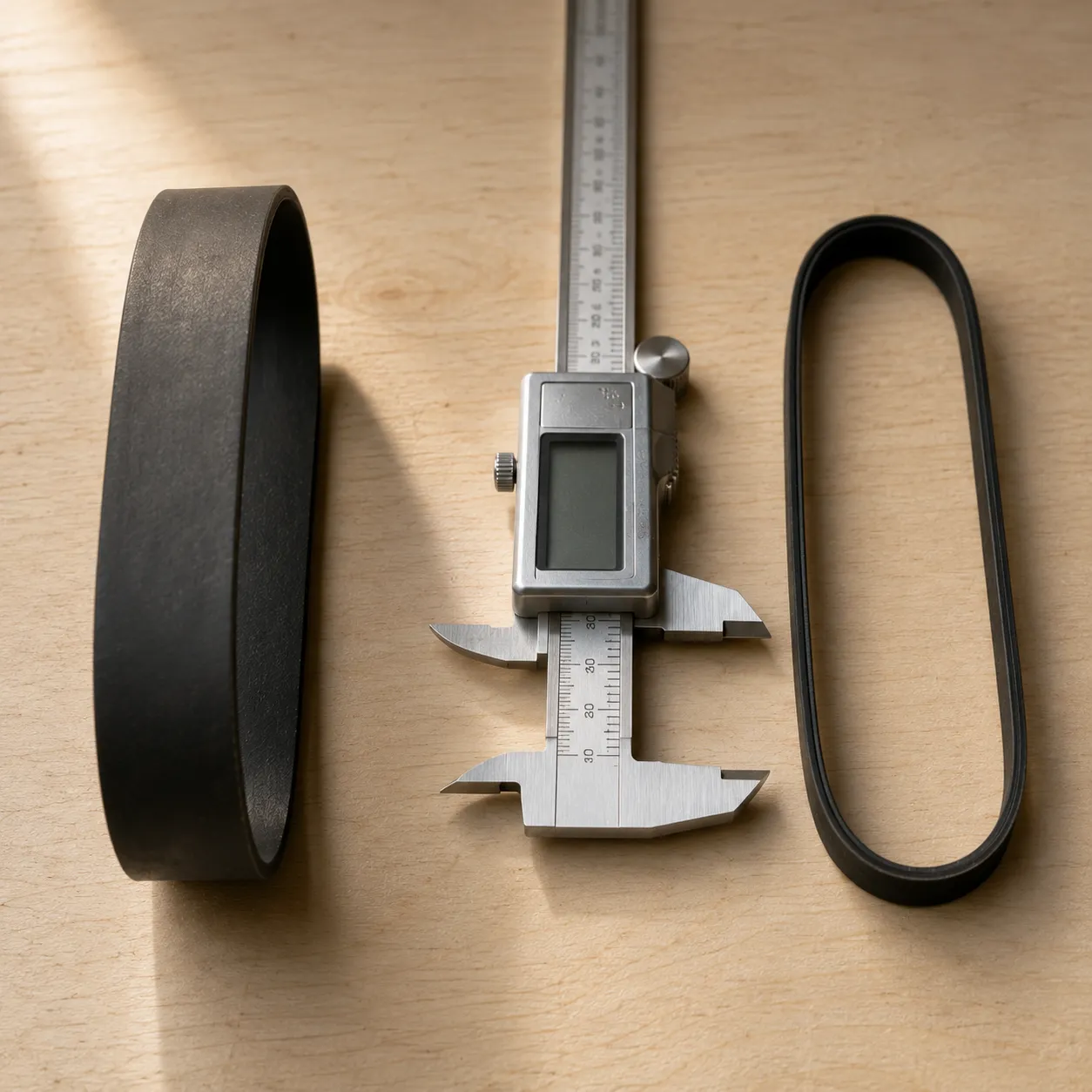 Overhead comparison of the wider AH20065 and narrower AH20080 vacuum drive belts beside digital calipers on a birch workbench, showing that the two belts are not interchangeable.