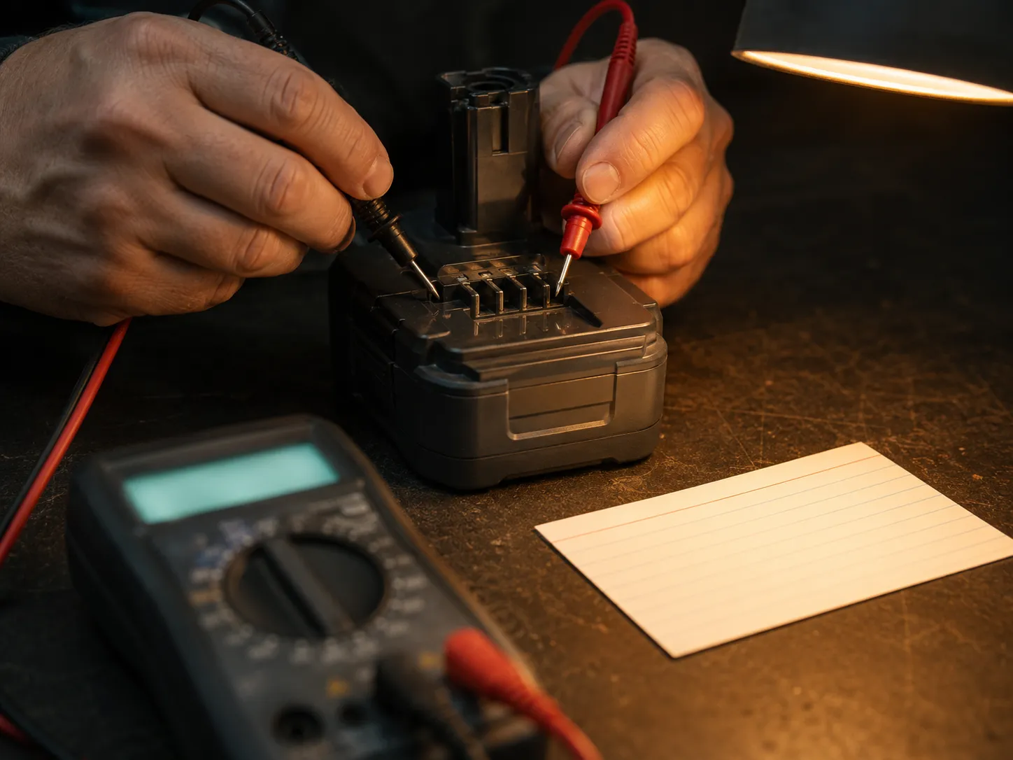 Multimeter probes testing a Hoover ONEPWR battery pack with cells measuring 1.9 volts each, indicating the pack is too deeply discharged for the charger to recognise.
